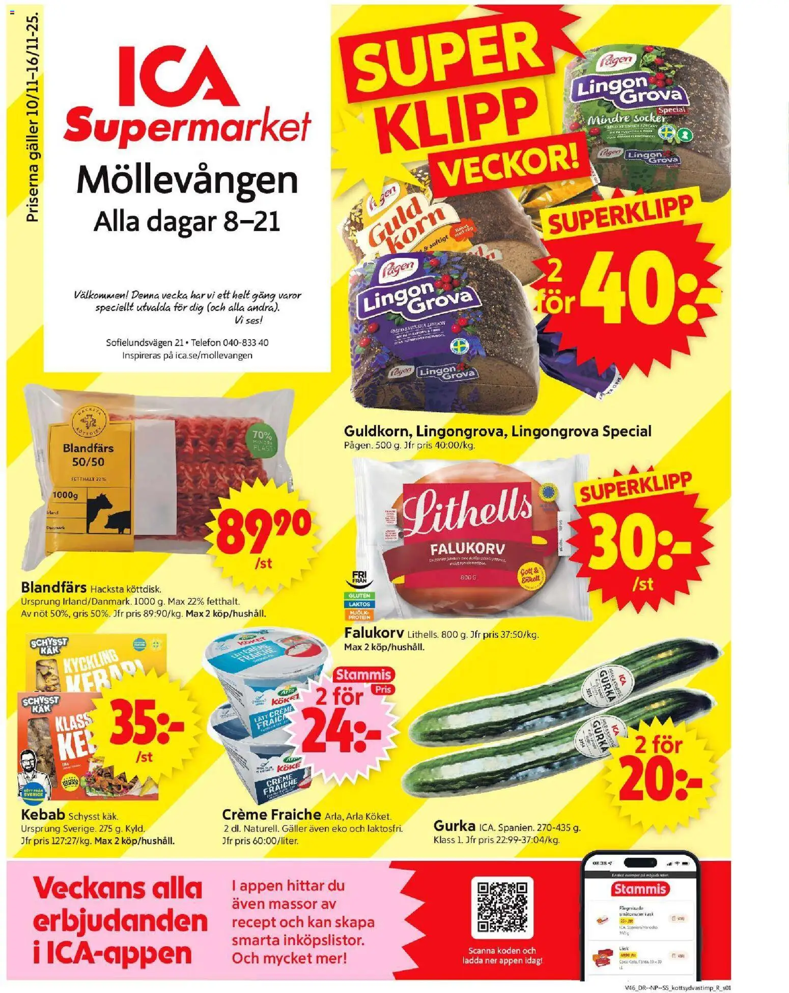 Förhandsgranska reklamblad Malmö från butik ICA Supermarket gäller från 10/11/2025 - Telefon, Creme fraiche, Protein, Falukorv, Lingongrova, Socker, Blandfärs, Kyckling