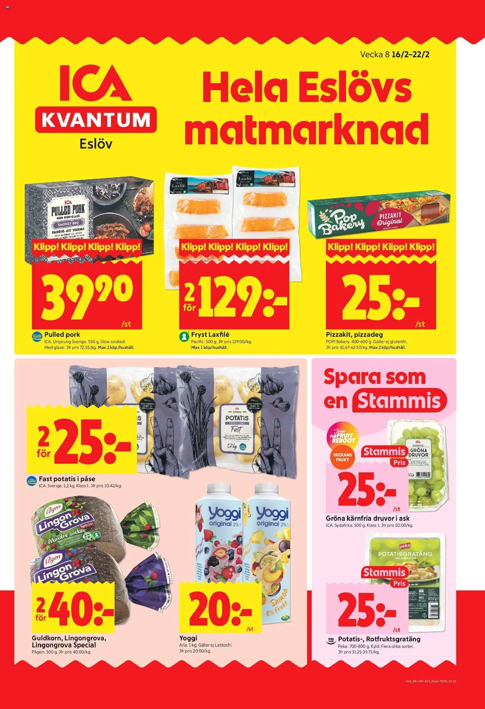 Förhandsgranska reklamblad Eslöv från butik ICA Kvantum gäller från 16/02/2026 - Potatisgratäng, Pizzadeg, Pulled pork, Galler, Lingongrova, Socker, Pizzakit, Yoggi
