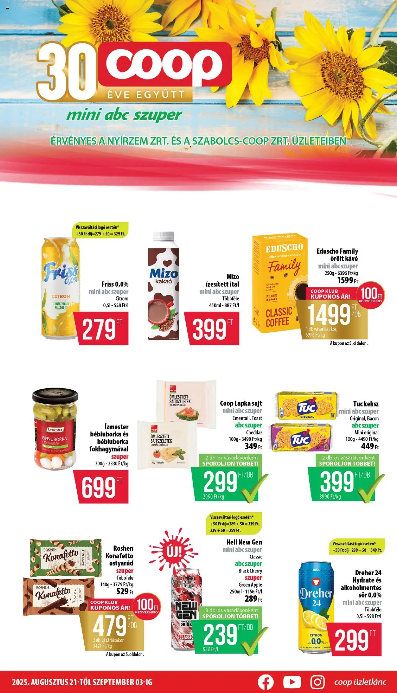 COOP aktuális szórólap, érvényes 2025.08.21.-től - 1 oldal - Sajt, Sör, Citrom, Kakaó, Roshen, Cheddar, Savanyúság, Ízesített