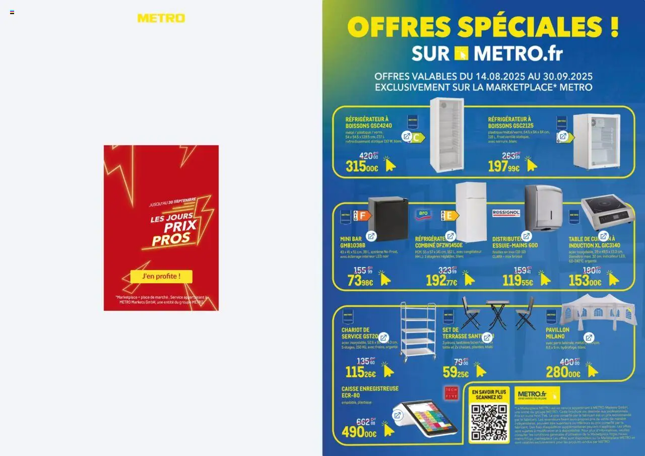 Offres Spéciales - Exclusivités Marketplace de la boutique METRO valable du 14/08/2025 - Page numéro 1 - Réfrigérateur, Chaises, Congélateur, Table, Chariot, Éclairage, Brosse, Boissons