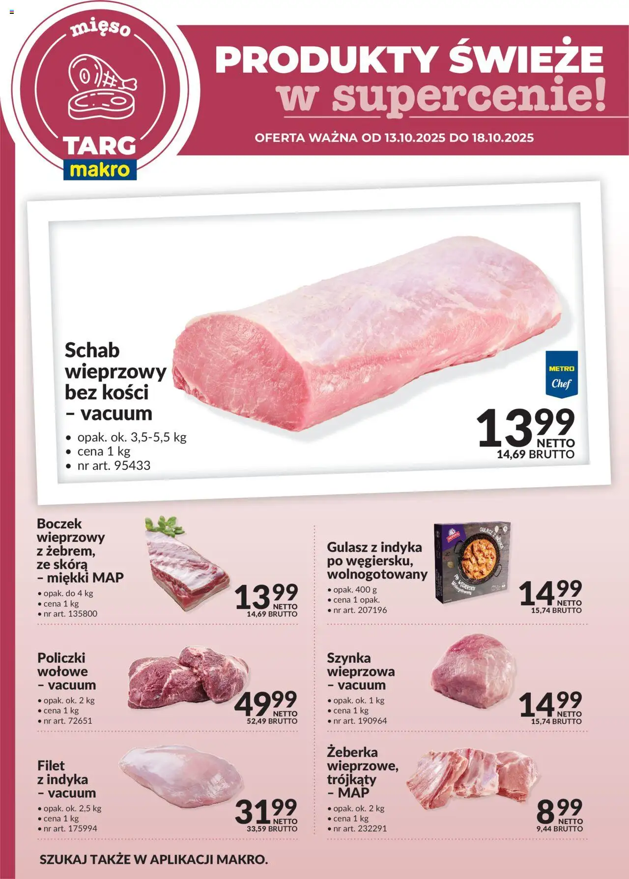 Pogląd gazetki "Produkty świeże w supercenie" ze sklepu Makro ważnej od 13.10.2025 - Gulasz, Mięso, Schab, Żeberka, Szynka, Boczek, Filet, Schab wieprzowy