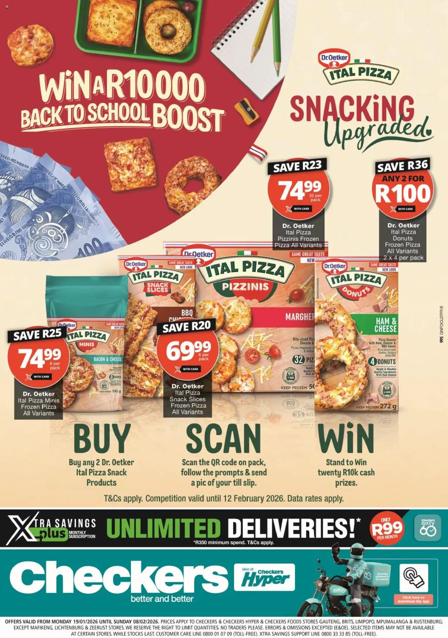 Preview of Checkers flyer valid from 19/01/2026 - Pizza, Cheese, Data, Ingredients, Ham, Bacon, Sauce, Frozen pizza