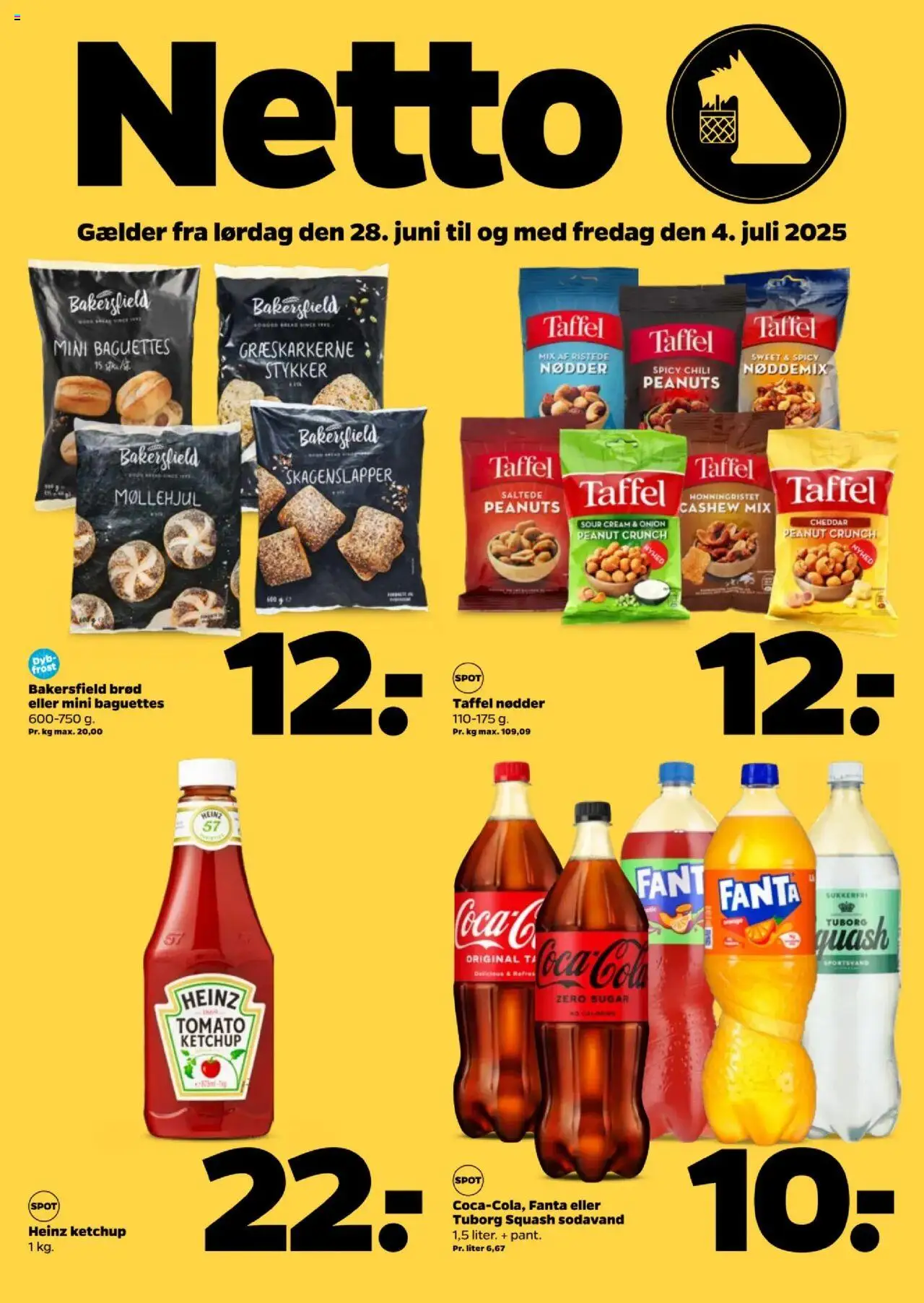 Netto tilbudsavis gyldig fra 28/06/2025 - side 1 - Squash, Sodavand, Chili, Nødder, Peanuts, Fanta, Tuborg Squash, Cheddar
