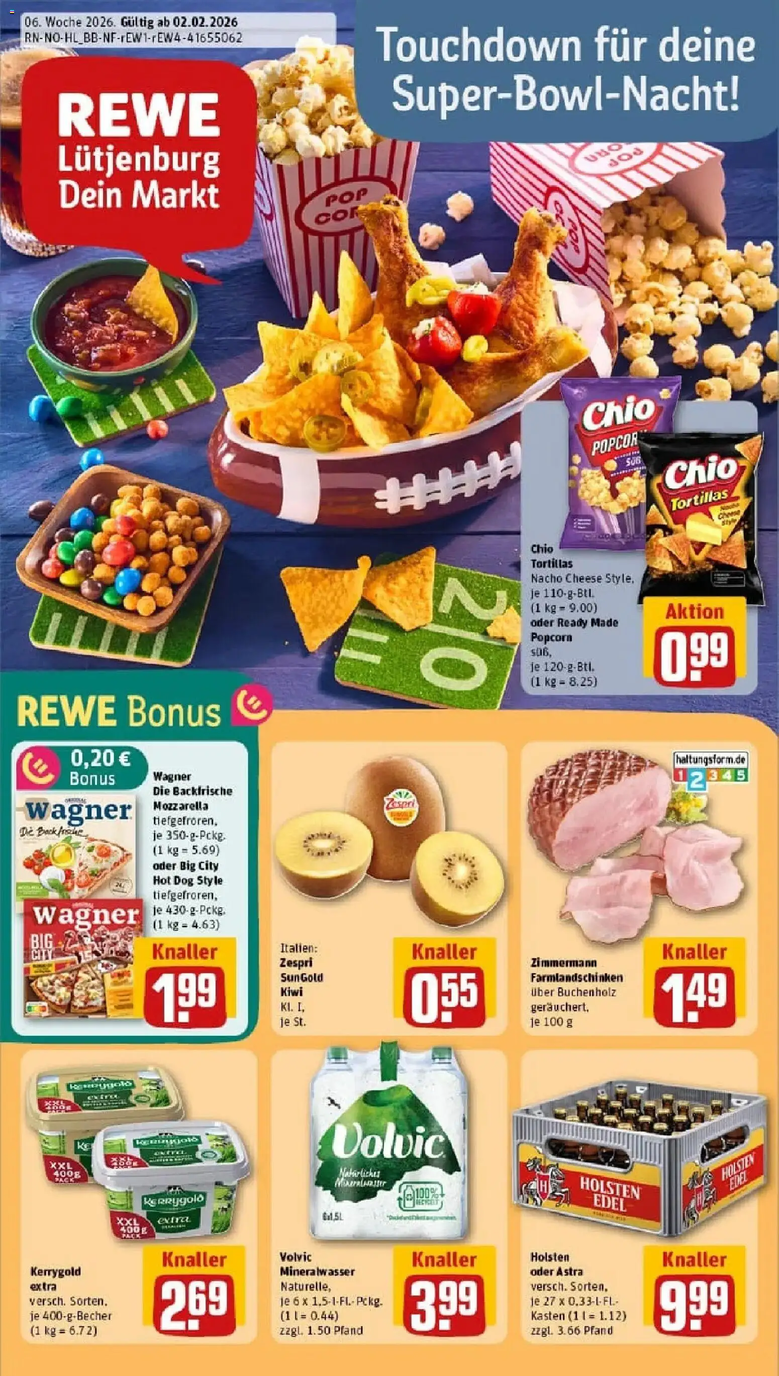 Vorschau von dem Prospekt des Geschäftes Rewe, gültig ab dem 02.02.2026 - Pizza, Kiwi, Tortillas, Mozzarella, Popcorn, Astra, Holsten, Chio tortillas