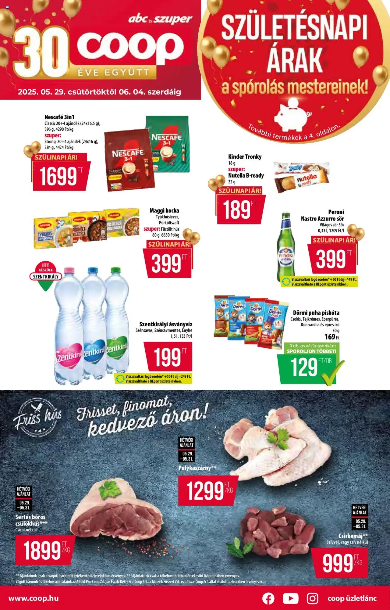 COOP Szolnok aktuális szórólap, érvényes 2025.05.29.-től - 1 oldal - Pulykaszárny, Nescafé, Hús, Baromfi, Szentkirályi, Peroni, Vanília, Sör