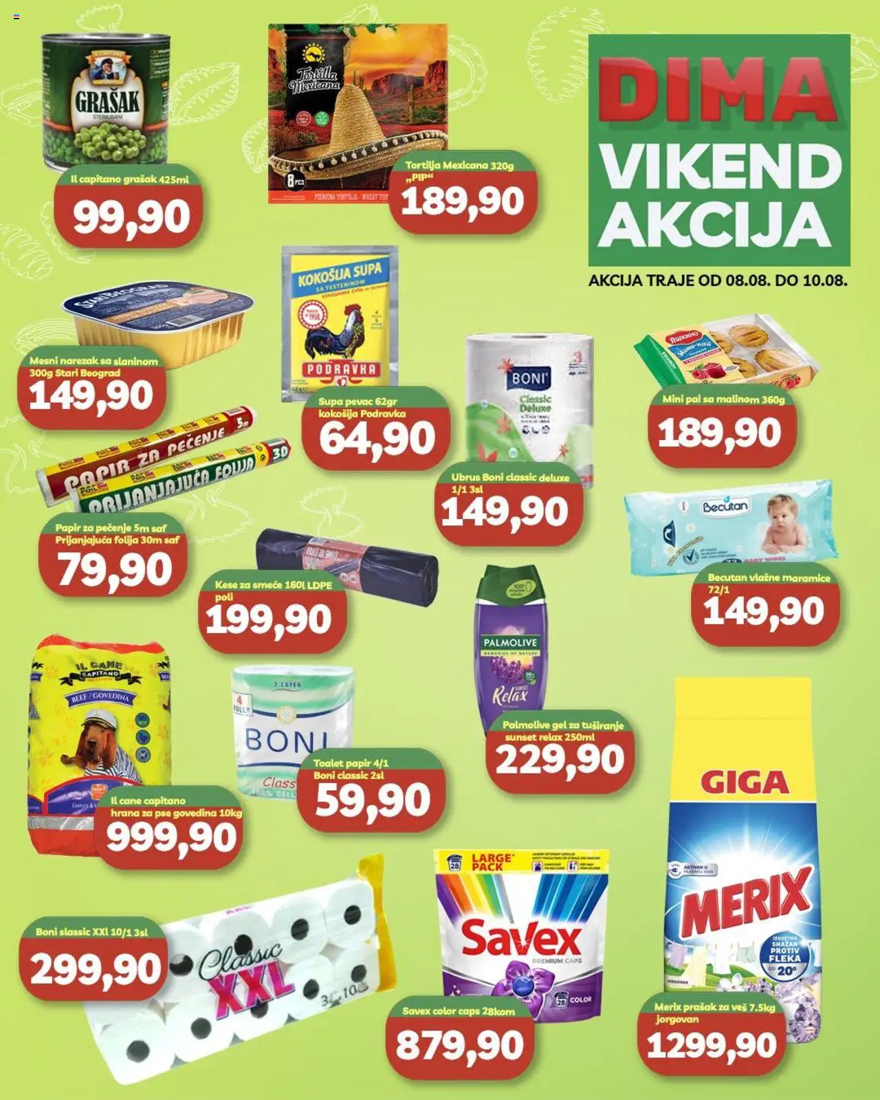 VP Dima katalog važi od 08.08.2025 - stranica 1 - Grašak, Podravka, Toalet papir, Palmolive, Vlažne maramice, Narezak, Gel za tuširanje, Kese za smeće