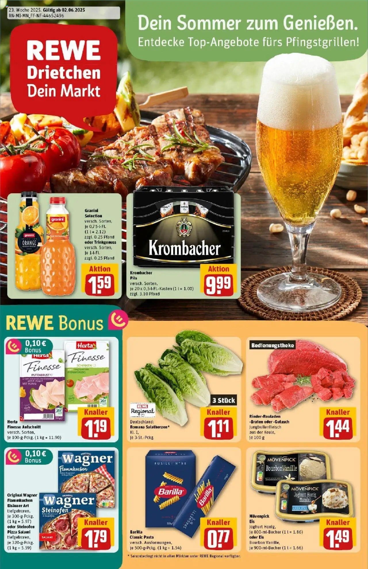 REWE Prospekt ab 01.06.2025 nächste Woche - Prospekt Wanfried - Eis, Joghurt, Rinderrouladen, Salami, Schinken, Bourbon, Granini, Herta finesse