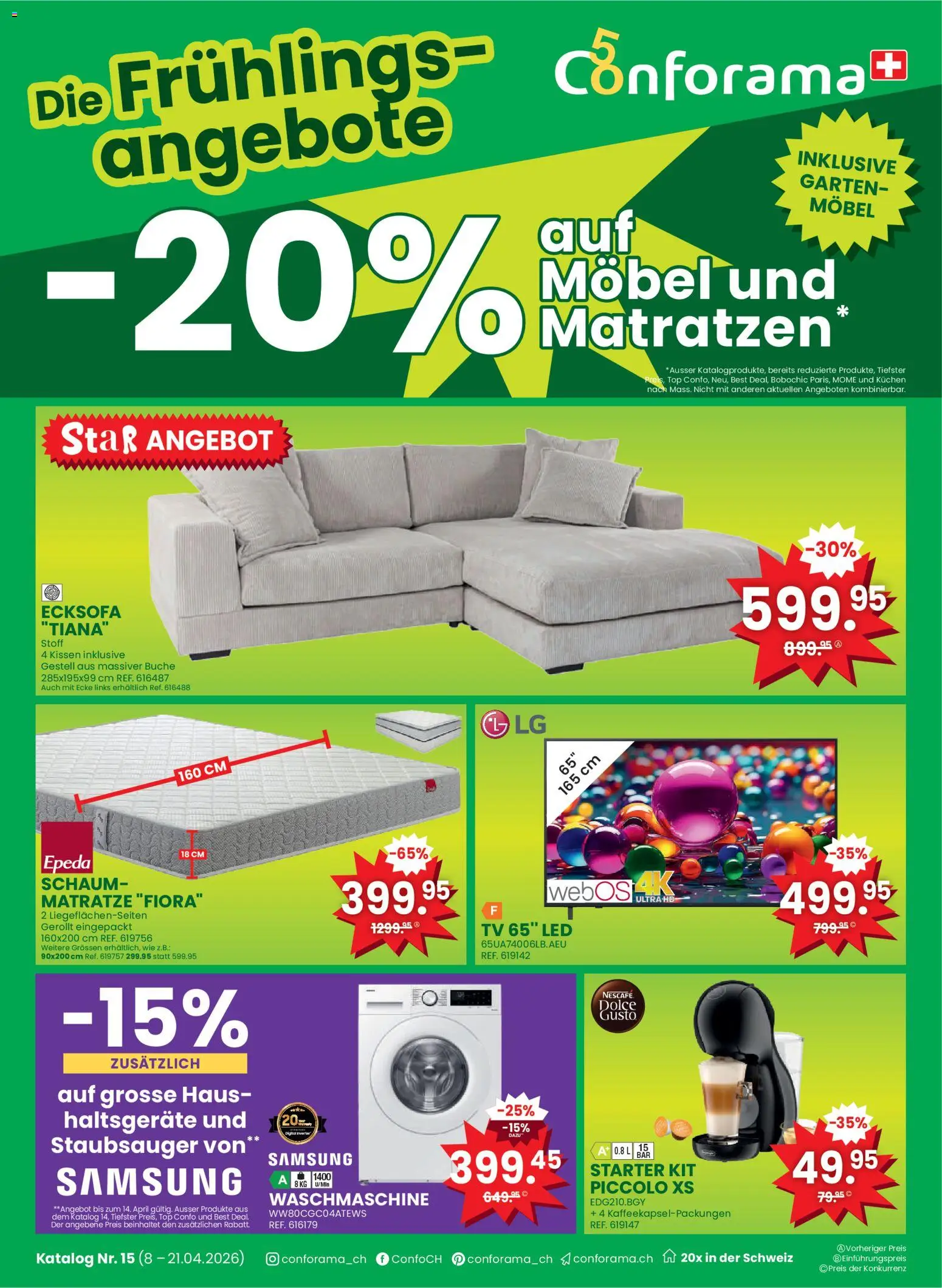Vorschau des Merkblatts Conforama aktionen vom Shop Conforama gültig von 08.04.2026 bis 21.04.2026 - Samsung, TV, Staubsauger, Matratze, Waschmaschine, Ecksofa, Top, Kissen
