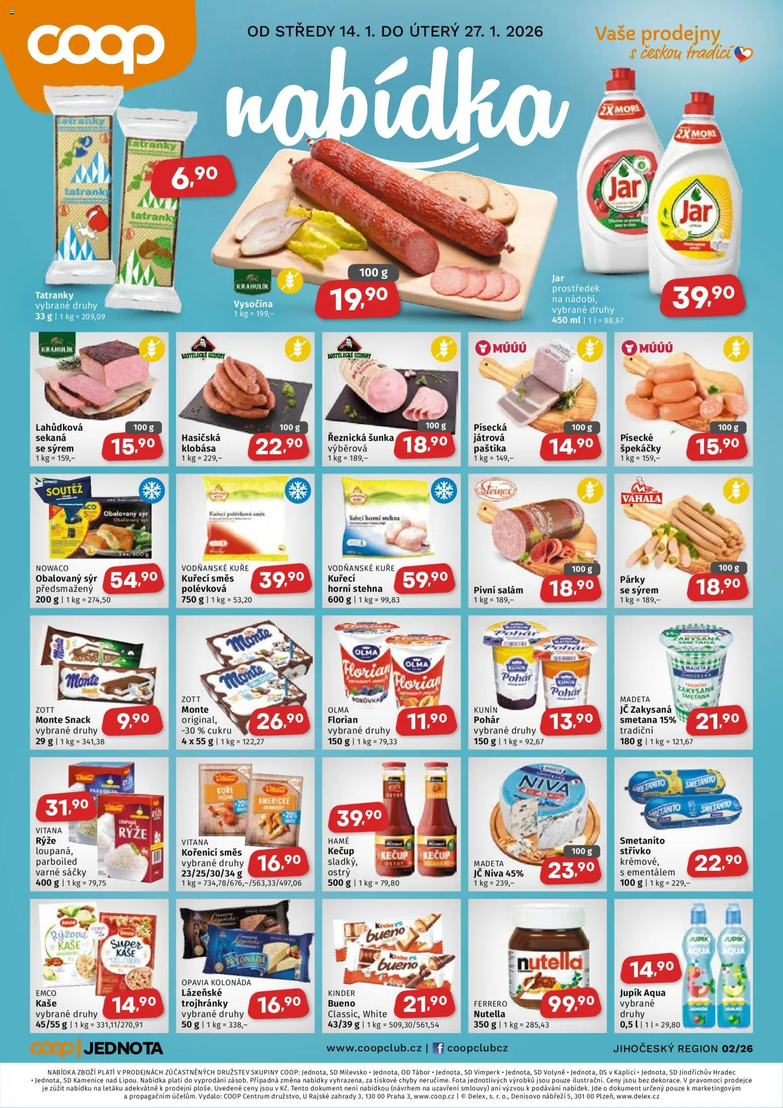 Náhled nabídky: Coop Leták - Jihočeský region platný od 14.01.2026 - Rýže, Smetana, Nutella, Kinder, Kuře, Niva, Tatranky, Špekáčky