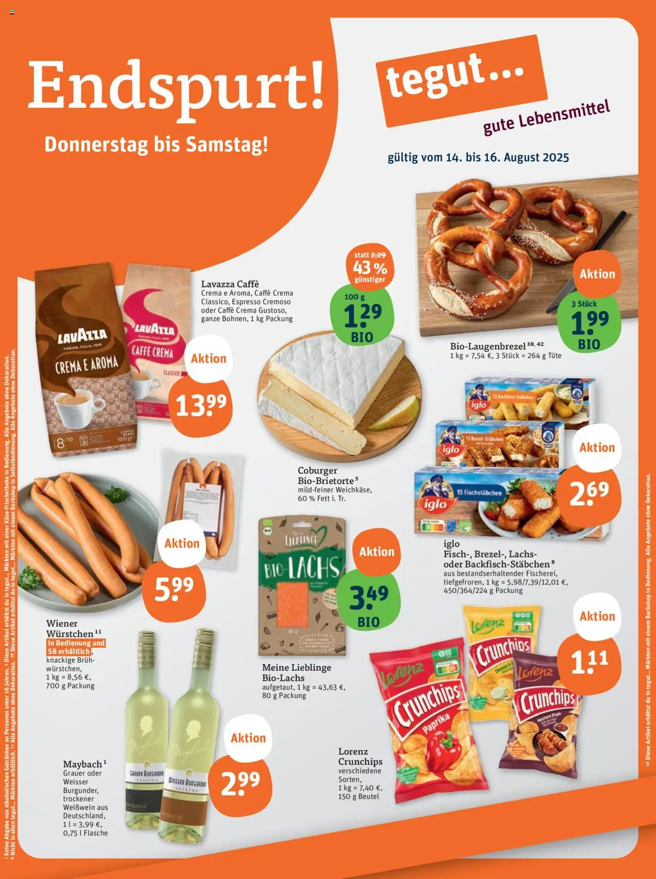Tegut Prospekt (vom 11.08.2025 - 16.08.2025) - Lachs, Paprika, Lavazza, Weißwein, Iglo, Fischstabchen