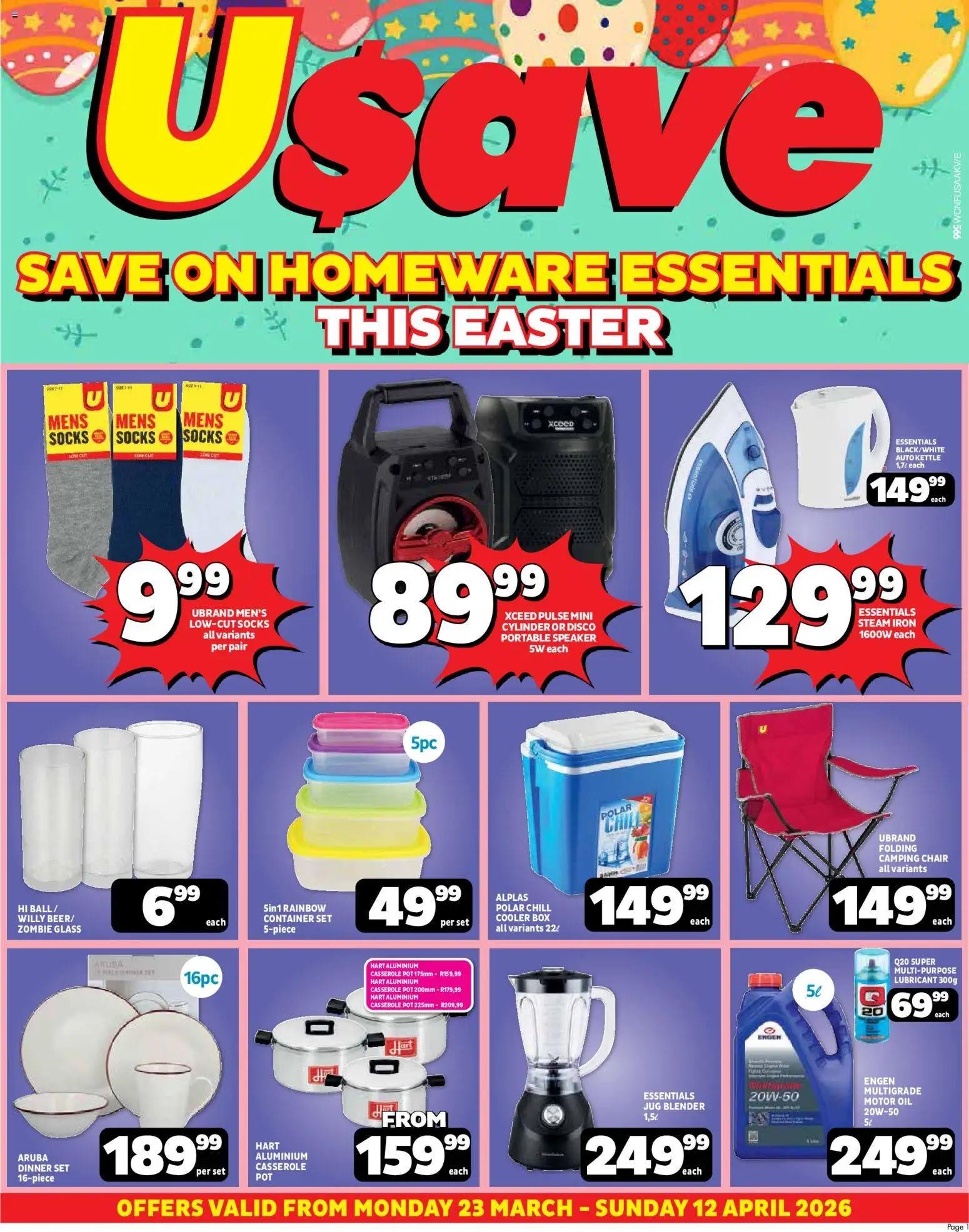 Preview of Usave flyer valid from 23/03/2026 - Kettle, Iron, Speaker, Chair, Box, Oil, Socks, Cooler
