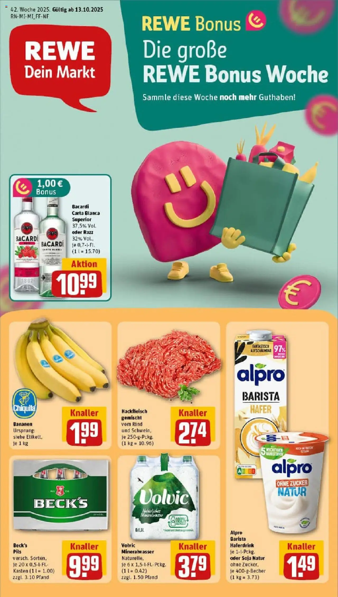 Vorschau von dem Prospekt des Geschäftes Rewe, gültig ab dem 13.10.2025 - Bananen, Mineralwasser, Hackfleisch, Bacardi, Rum, Zucker, Volvic, Haferdrink