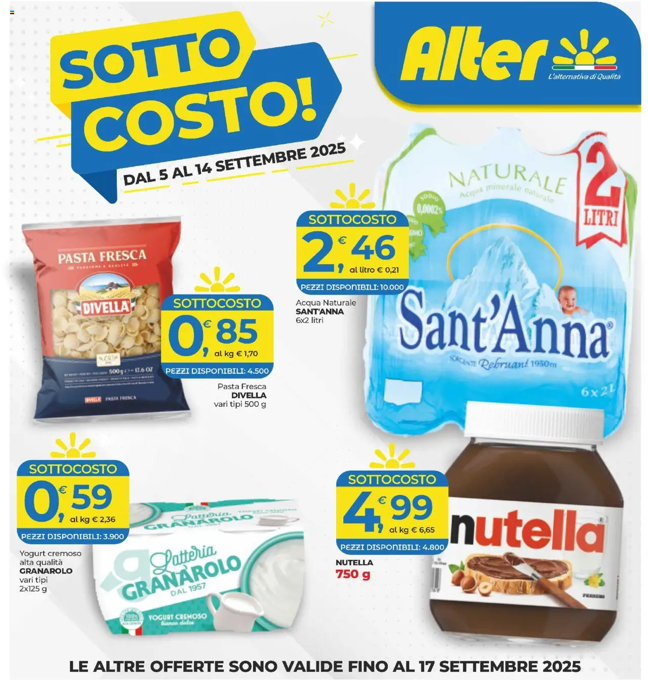 Volantino Alter Discount valido da 05/09/2025 numero di pagina 1 - Pasta, Acqua, Nutella, Yogurt, Acqua minerale, Divella, Acqua naturale, Yogurt cremoso