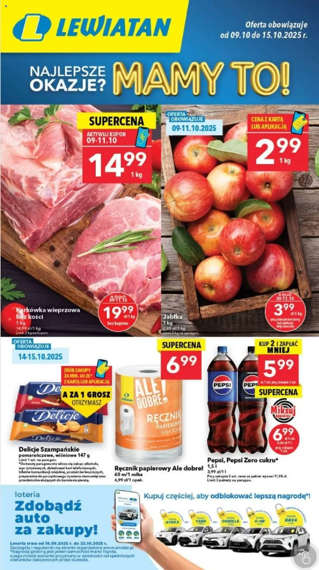Lewiatan gazetka od 09.10.2025 - Promocje "Szczecin" - Numer strony 1 - Alkohol, Pepsi, Karta, Jabłka, Ręcznik papierowy, Pepsi Zero