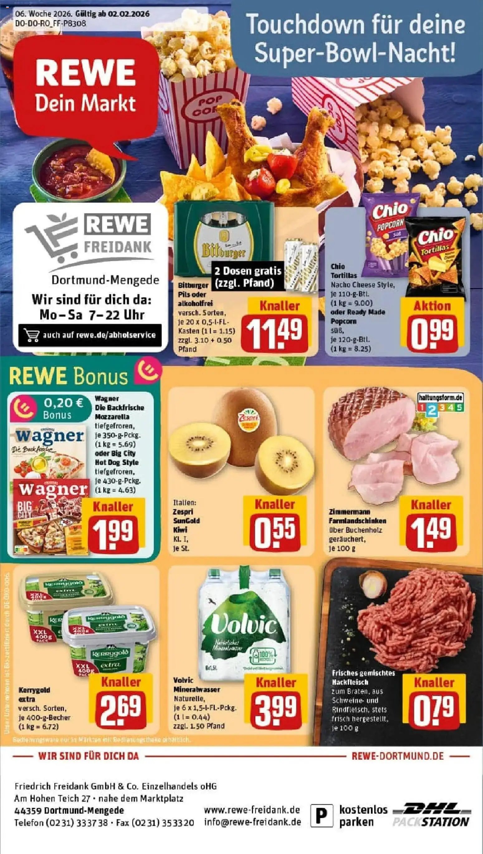 Vorschau von dem Prospekt des Geschäftes Rewe, gültig ab dem 02.02.2026 - Pizza, Uhr, Butter, Mozzarella, Hackfleisch, Popcorn, Volvic, Pils
