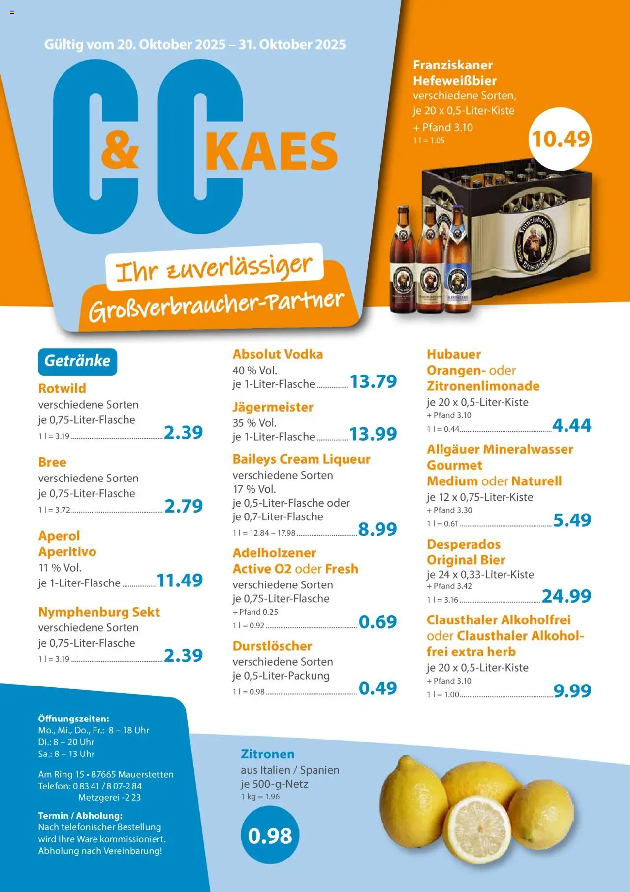 C&C Prospekt (vom 20.10.2025 - 31.10.2025) - Uhr, Vodka, Desperados, Zitronen, Sekt, Adelholzener, Franziskaner, Bree