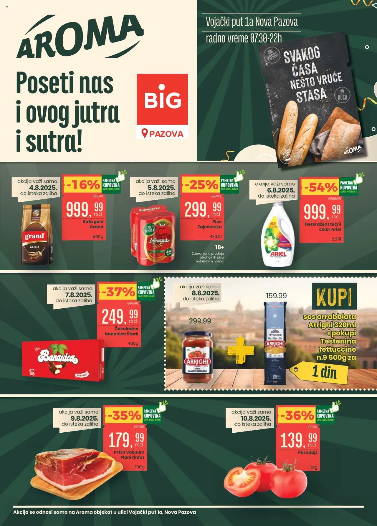 Aroma Market katalog važi od 04.08.2025 - stranica 1 - Pica, Kafa, Pivo, Ariel, Sos, Testenina, Deterdžent, Pršut