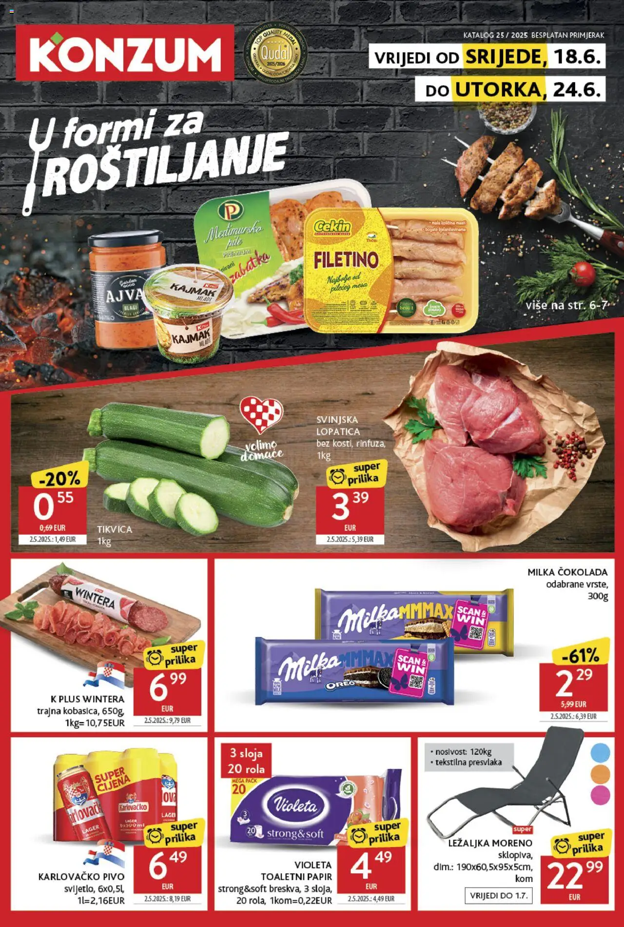 Konzum aktualni Katalog vrijedi od 18.06.2025 - tjedna akcija broj stranice 1 - Svinjska lopatica, Karlovačko, Pivo, Ajvar, Tikvica, Toaletni papir, Milka, Lopatica