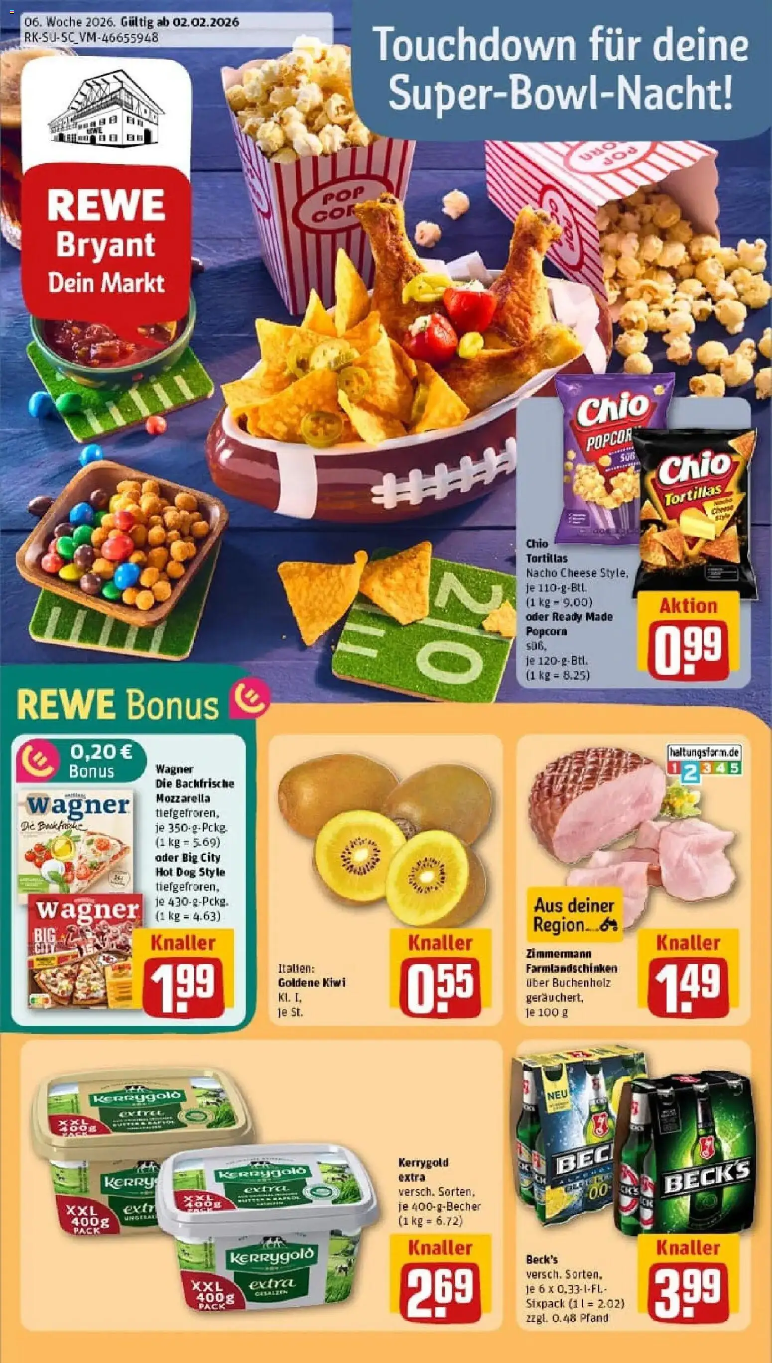 Vorschau von dem Prospekt des Geschäftes Rewe, gültig ab dem 02.02.2026 - Pizza, Butter, Kiwi, Tortillas, Mozzarella, Popcorn, Chio tortillas