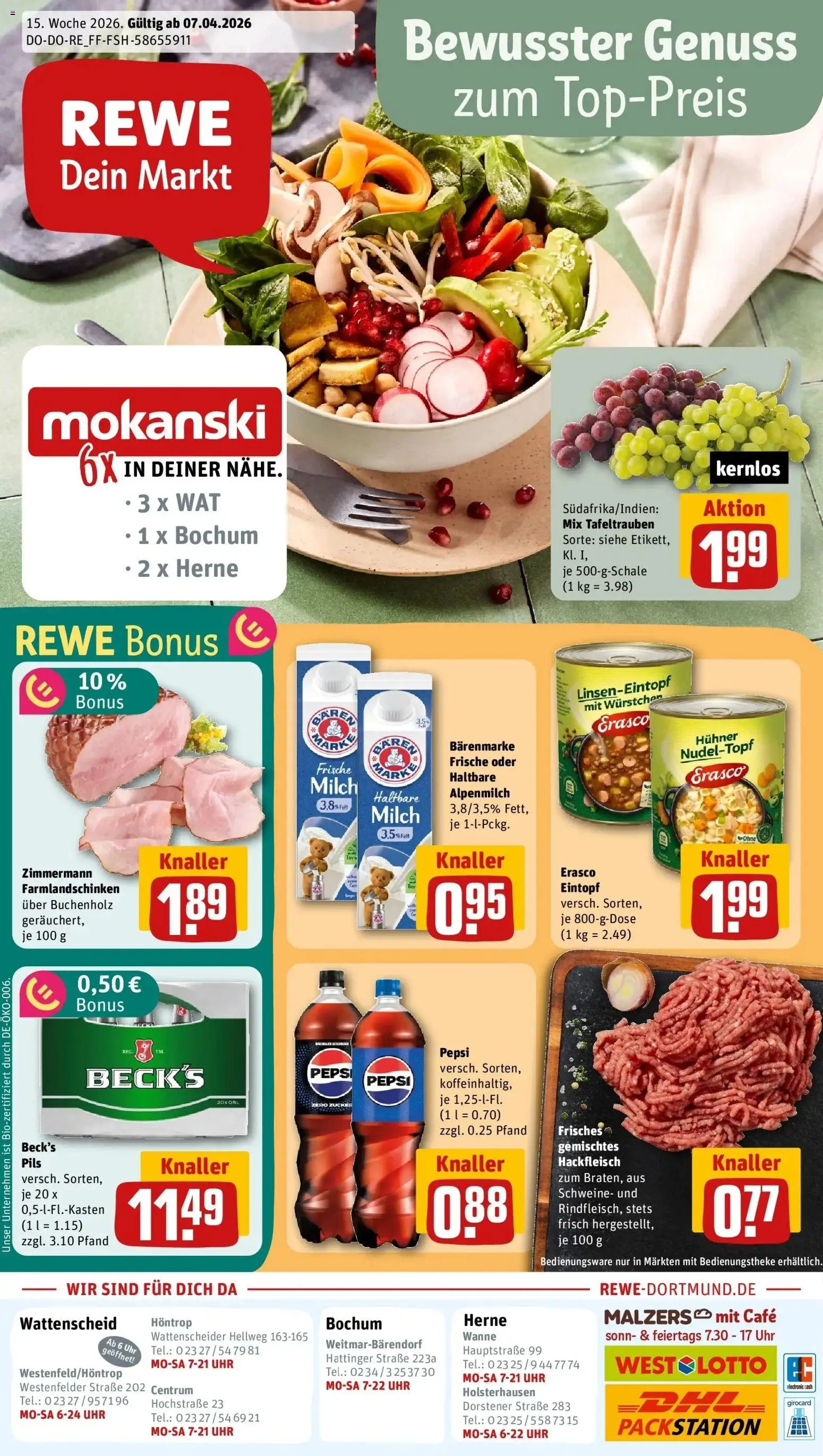 Vorschau von dem Prospekt des Geschäftes Rewe, gültig ab dem 05.04.2026 - Uhr, Milch, Hackfleisch, Zucker, Pepsi, Pils, Erasco