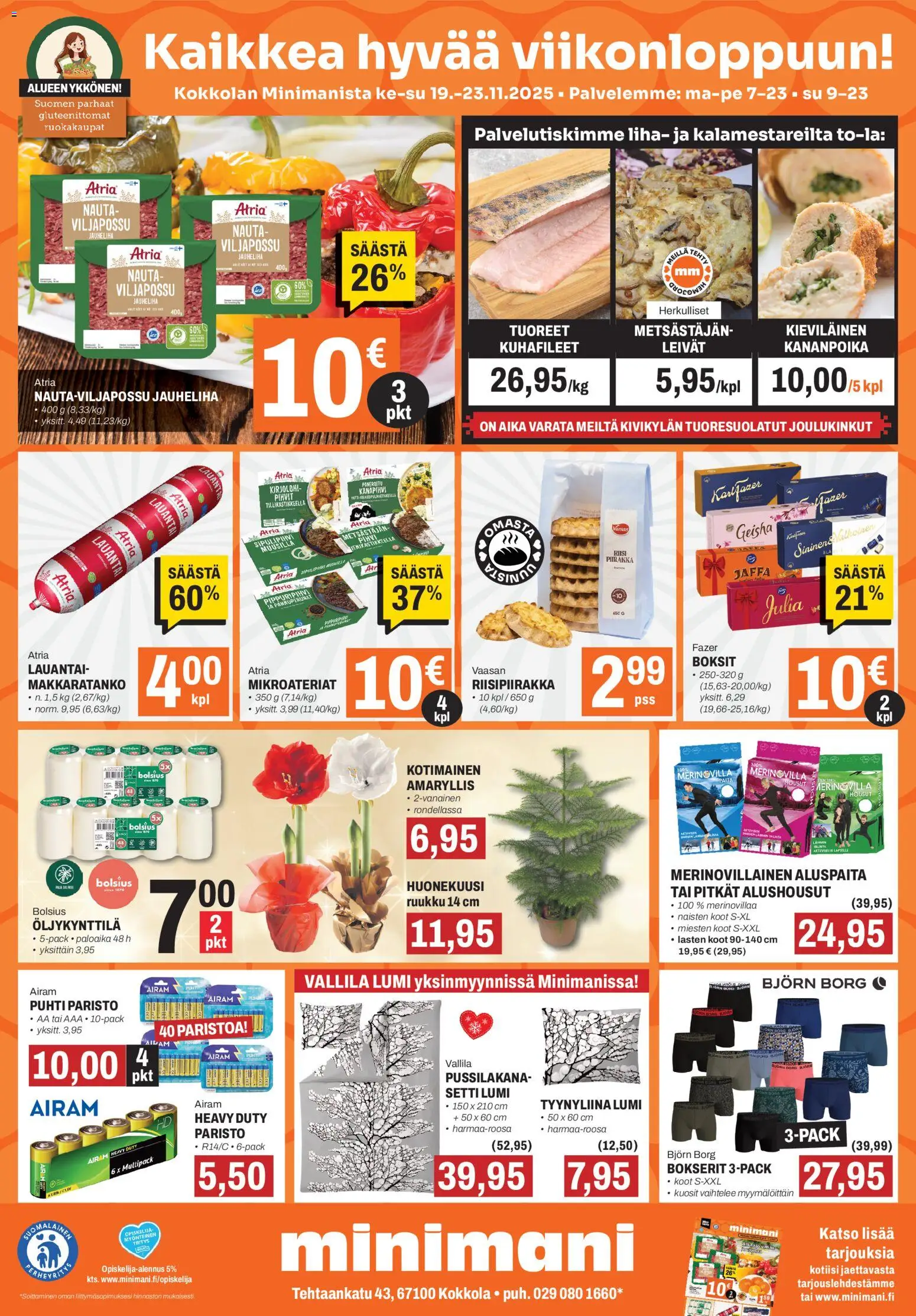 Kaupan Minimani Tarjoukset - Kokkola esikatselu, voimassa 19/11/2025 - Jauheliha, Kirjolohi, Housut, Pihvi, Liha, Alushousut, Bokserit, Tyynyliina