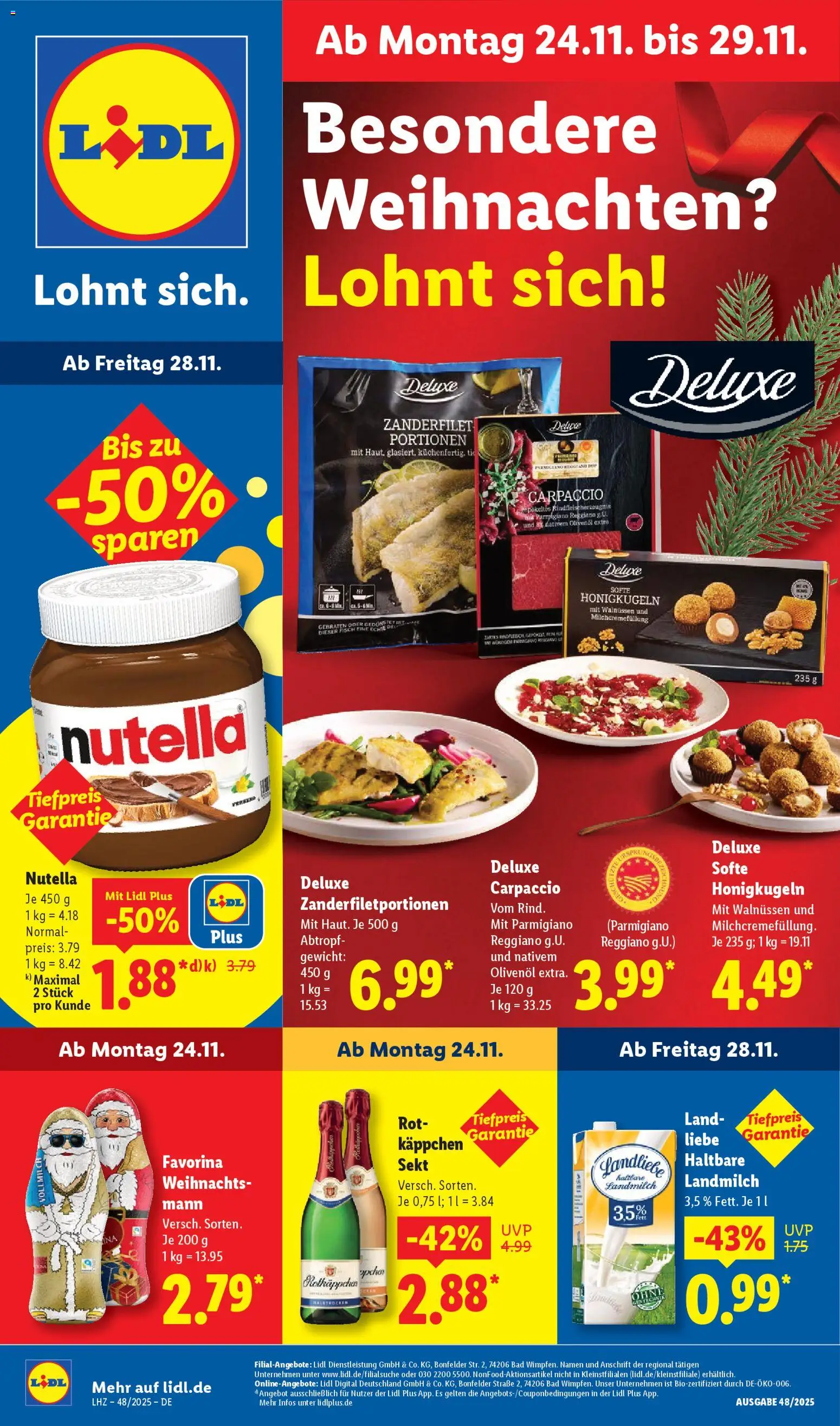 Vorschau von dem Prospekt des Geschäftes Lidl, gültig ab dem 24.11.2025 - Bad, Nutella, Sekt, Gewicht, Olivenol