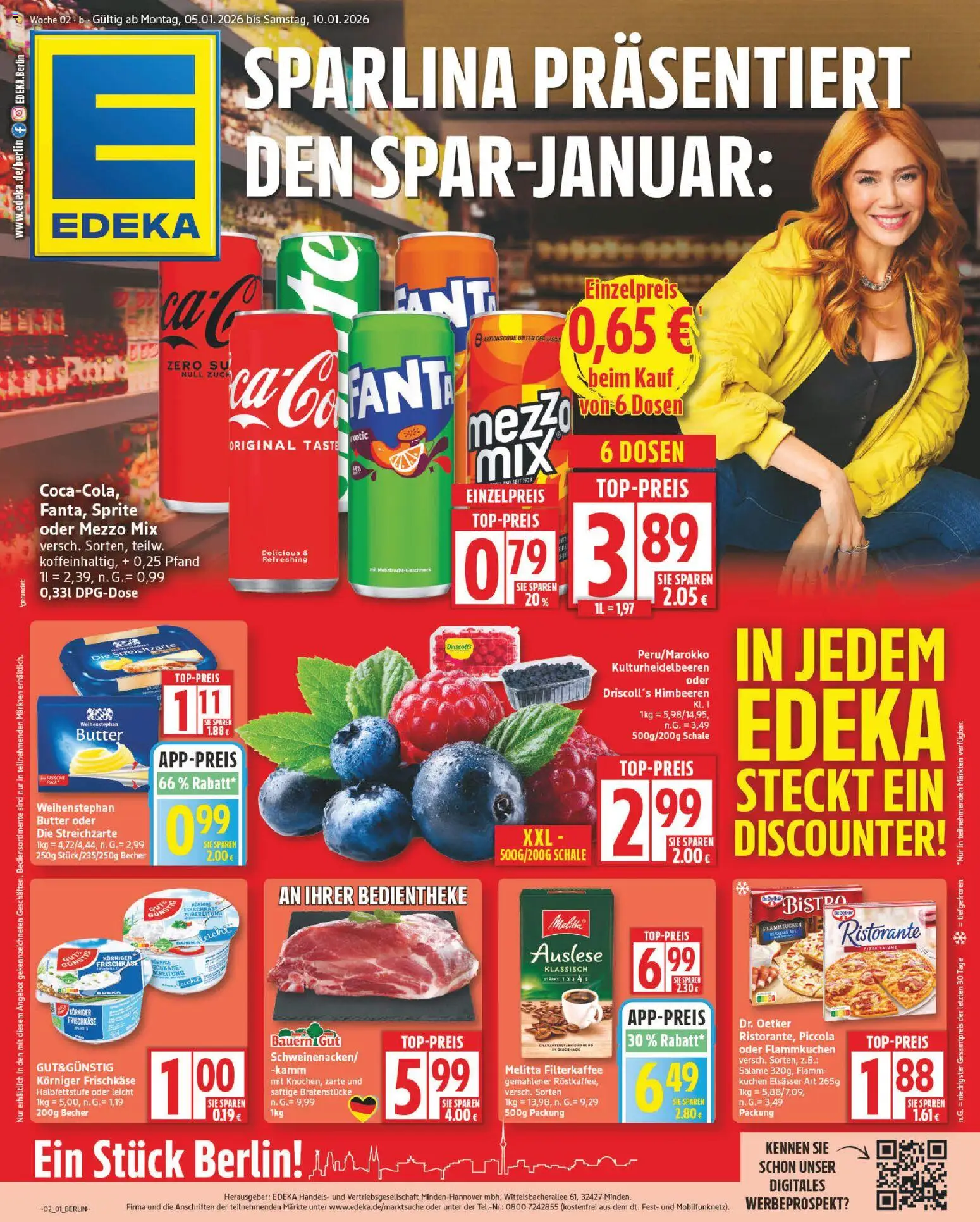 Vorschau von dem Prospekt des Geschäftes Edeka, gültig ab dem 05.01.2026 - Pizza, Kuchen, Butter, Himbeeren, Sprite, Mezzo mix, Weihenstephan butter, Oder mezzo mix