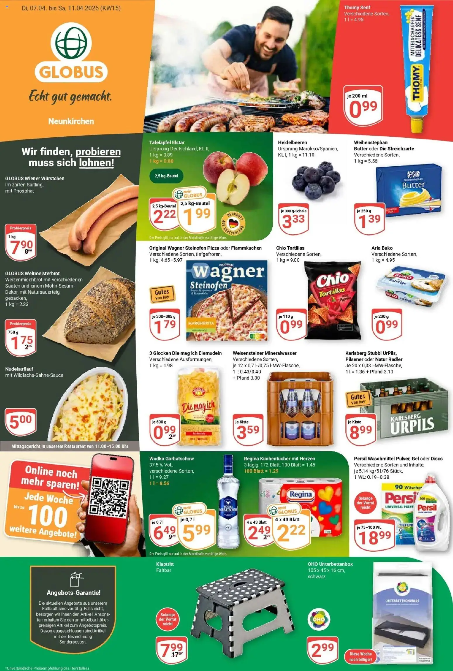 Vorschau von dem Prospekt des Geschäftes Globus, gültig ab dem 07.04.2026 - Uhr, Mineralwasser, Heidelbeeren, Wodka, Waschmittel, Wodka gorbatschow, Persil, Chio tortillas