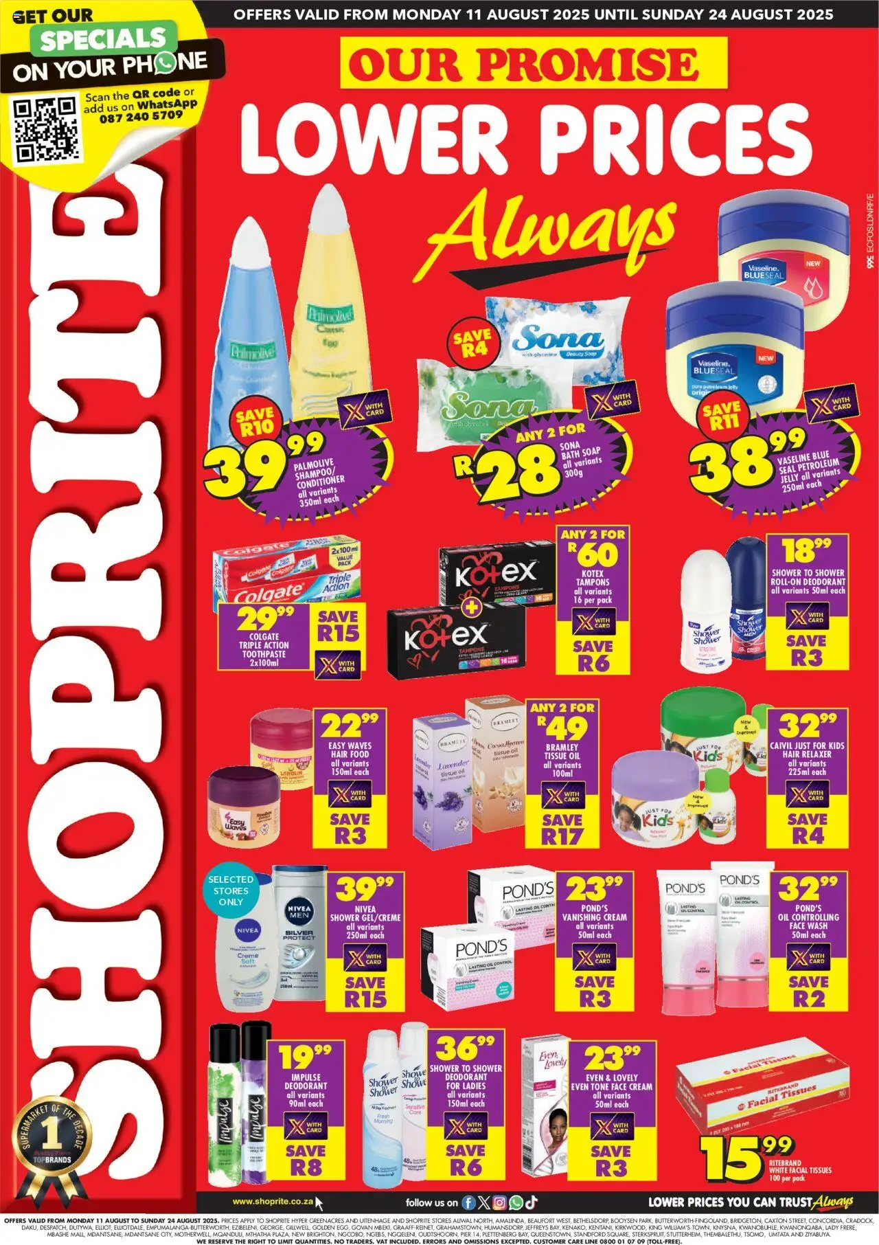 Shoprite Eastern Cape - Personal Care Deals 11/08 - 24/08/2025 >> Catalogue - Phone, Shower, Oil, Tissue oil, Bath, Shampoo, Tissues, Relaxer