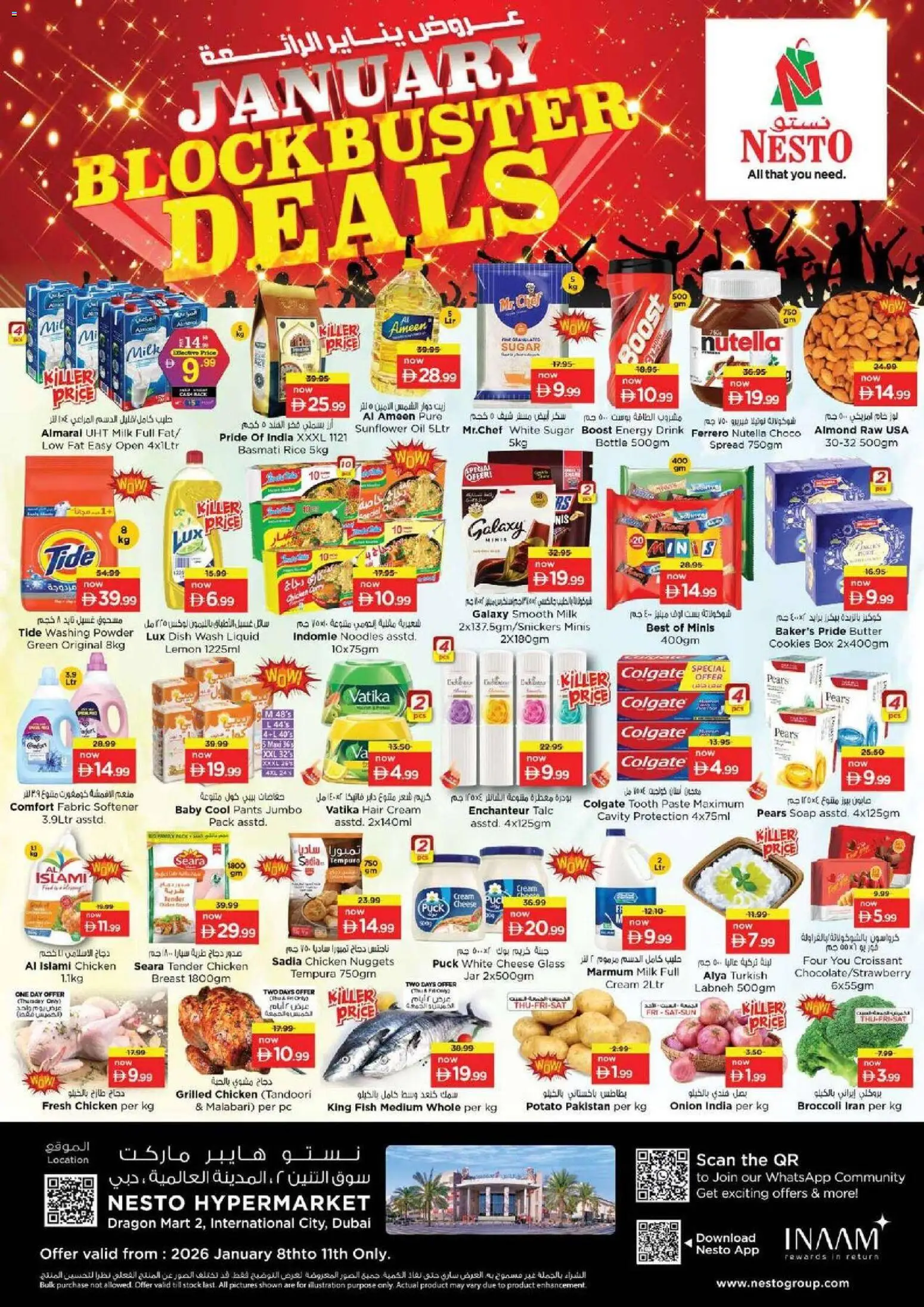 Preview of the catalogue January Blockbuster Deals - Dragon Mart 2, International City Dubai of store Nesto valid from 8 Jan, 2026 - Fish, Chicken, Cheese, Sugar, Pears, Pants, Powder, Fabric softener