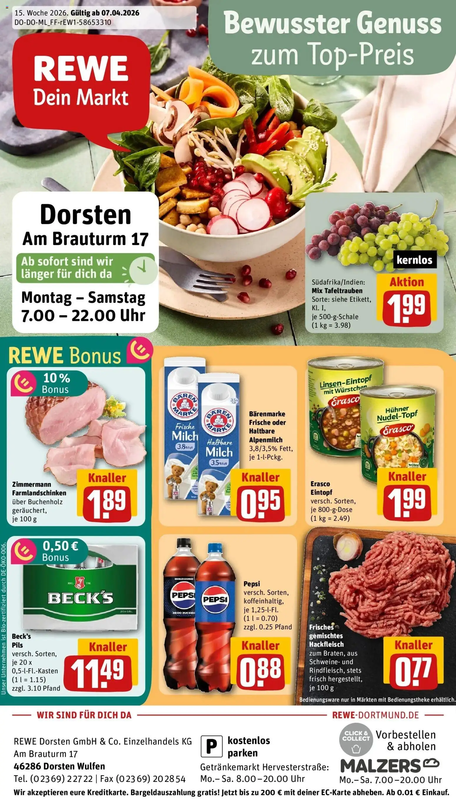 Vorschau von dem Prospekt des Geschäftes Rewe, gültig ab dem 05.04.2026 - Uhr, Cola, Milch, Hackfleisch, Zucker, Pepsi, Pils, Erasco