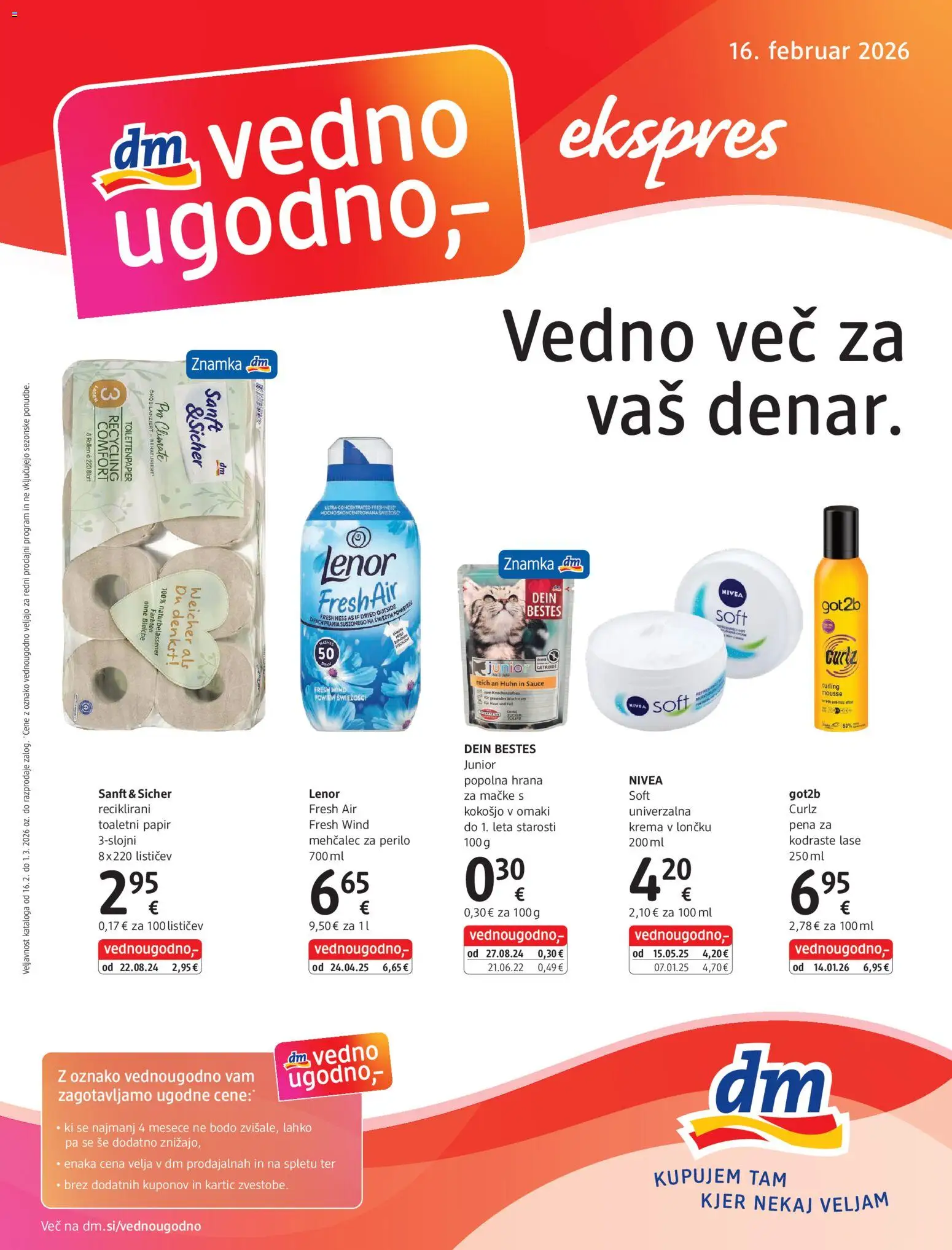 Predogled kataloga iz trgovine DM Drogerie Markt veljaven od 16.02.2026 - Krema, Mehčalec, Toaletni papir, Mehcalec za perilo