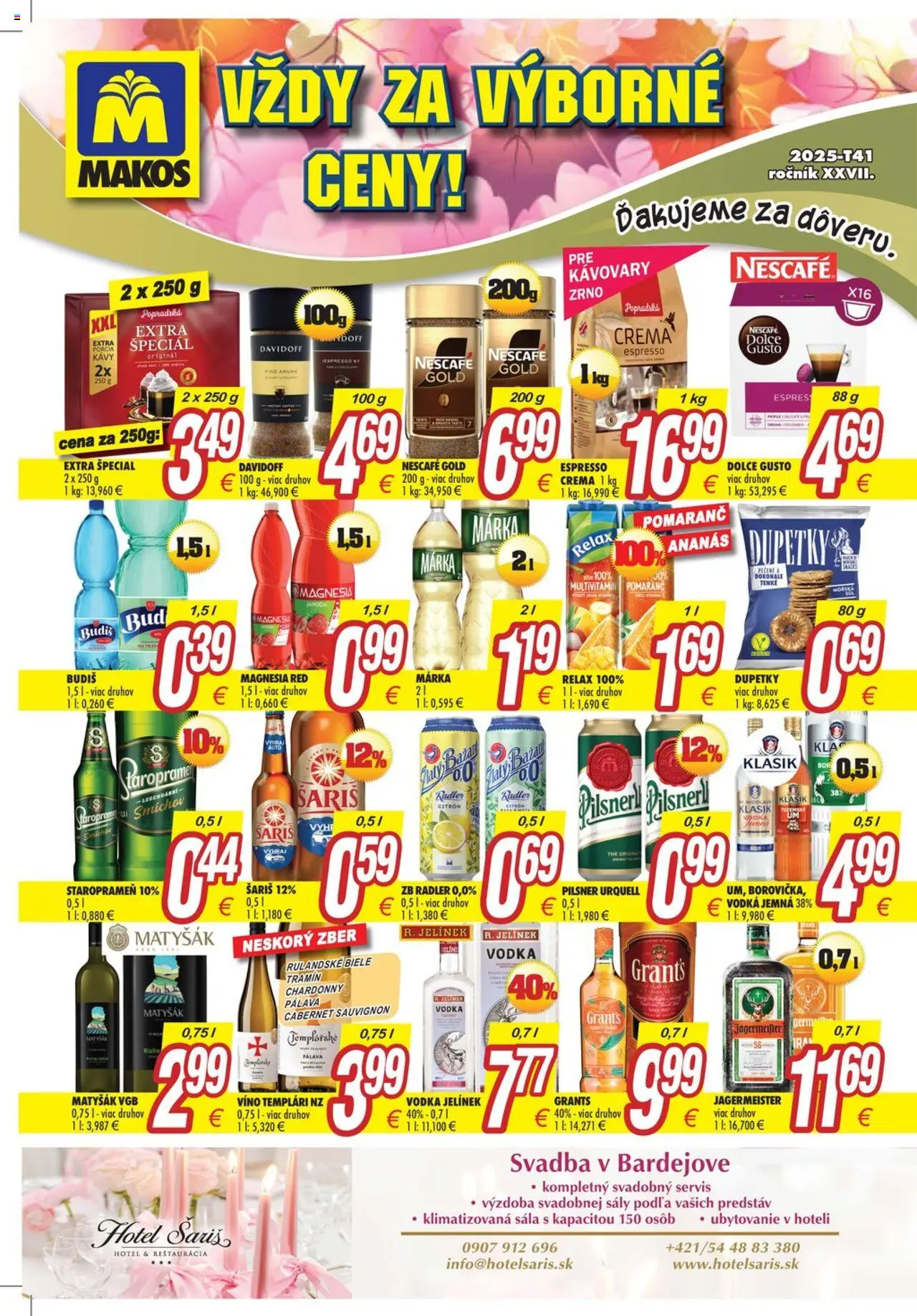 Náhľad Makos letáku platného od 06.10.2025 - Víno, Dolce Gusto, Pilsner Urquell, Vodka, Jägermeister, Davidoff, Nescafé Gold, Ananás