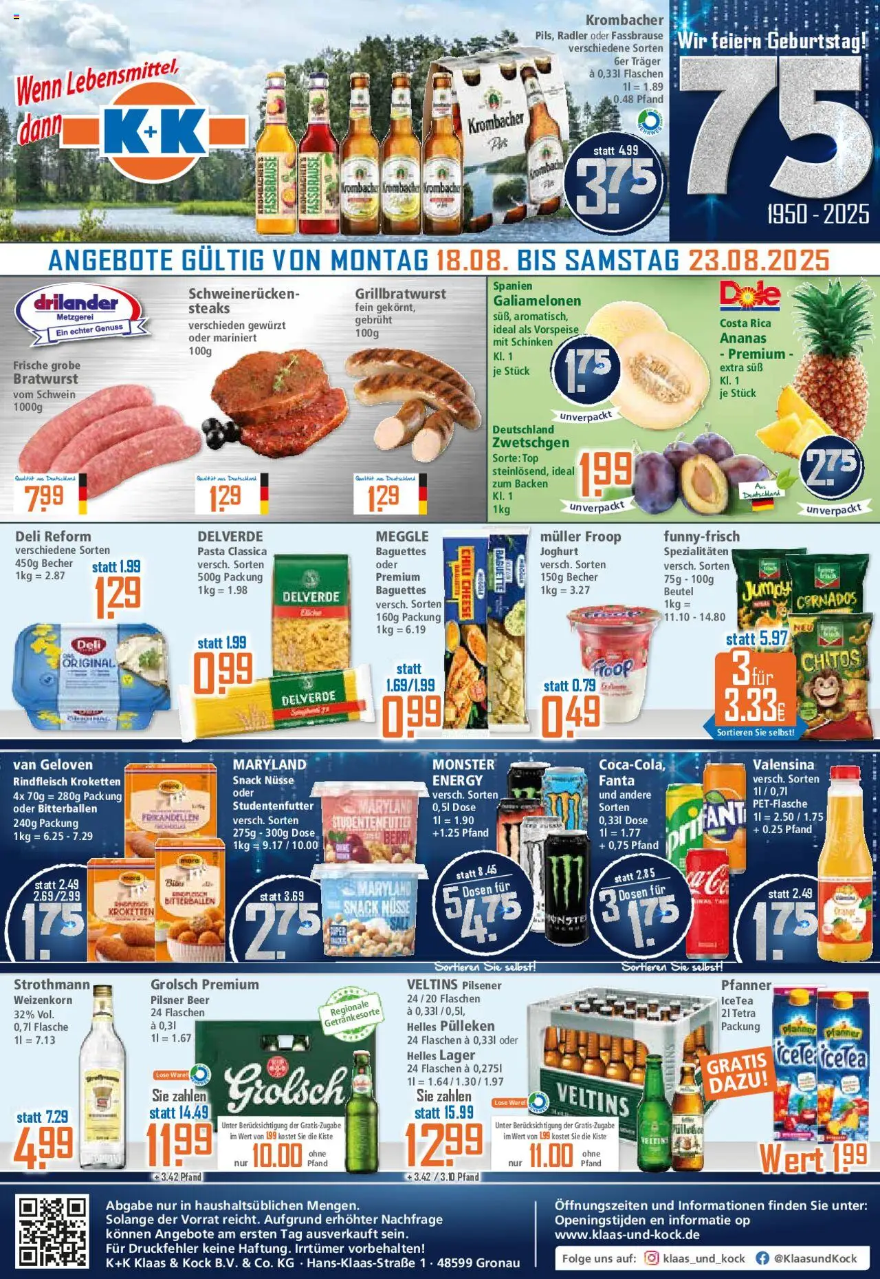 Klaas & Kock Prospekt (vom 18.08.2025 - 23.08.2025) - Pasta, Monster, Top, Chili, Veltins, Schinken, Spezialitäten, Valensina
