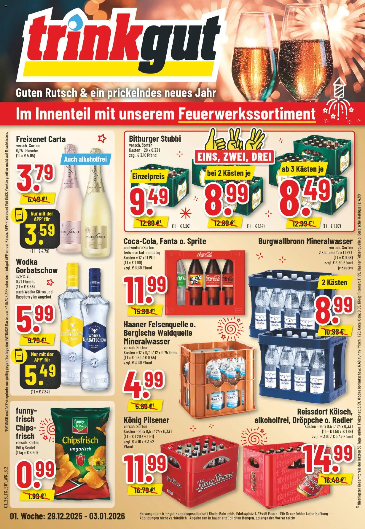 Vorschau von dem Prospekt des Geschäftes Trinkgut, gültig ab dem 29.12.2025 - Chips, Coca cola, Cola, Wodka, Bitburger, Sprite, Freixenet, Konig pilsener