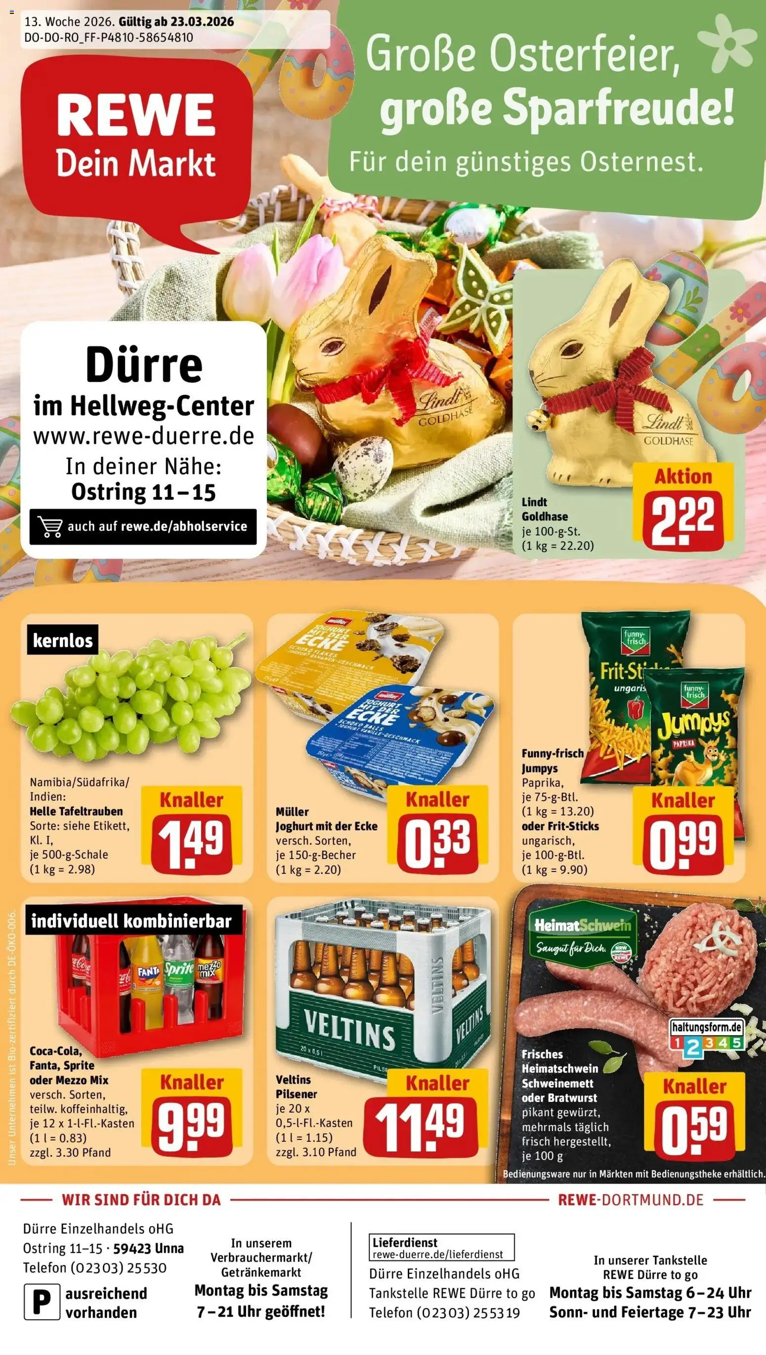 Vorschau von dem Prospekt des Geschäftes Rewe, gültig ab dem 23.03.2026 - Lindt, Bratwurst, Paprika, Fanta, Veltins, Funny frisch, Sprite, Pils