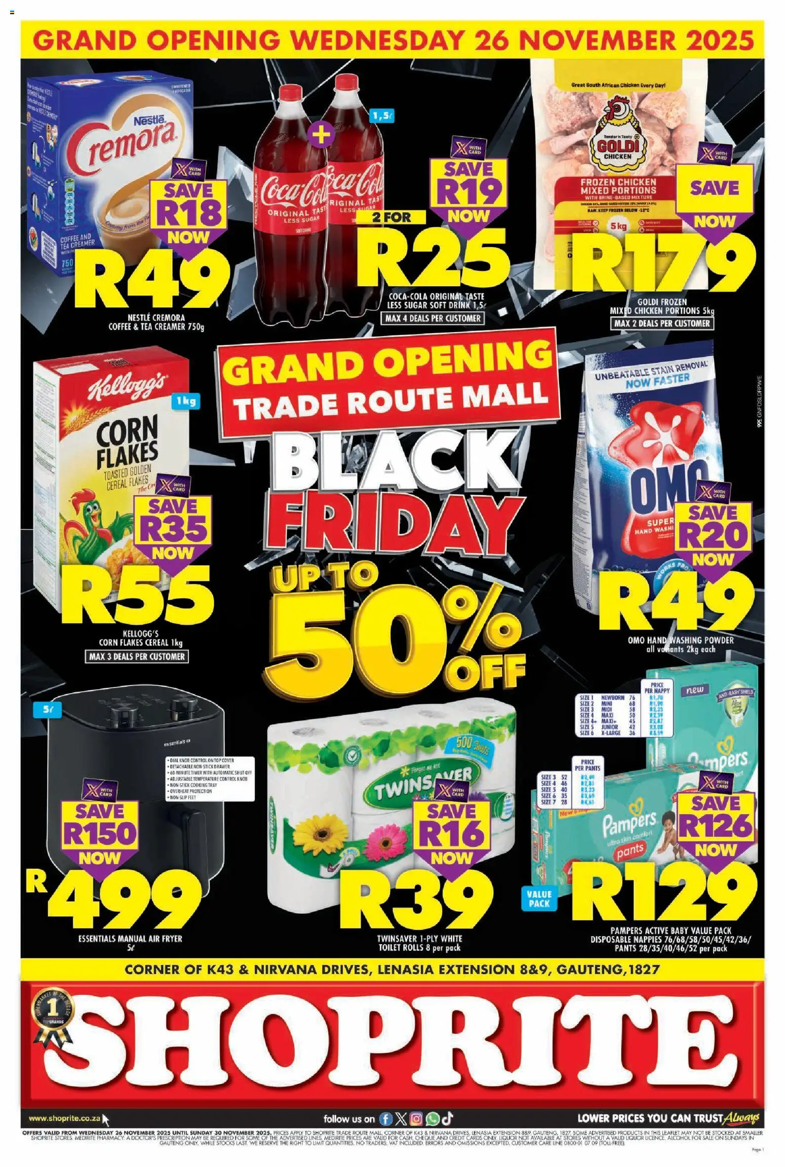 Preview of Shoprite flyer valid from 26/11/2025 - Coffee, Air fryer, Alcohol, Tray, Cover, Fryer, Flakes, Frozen chicken