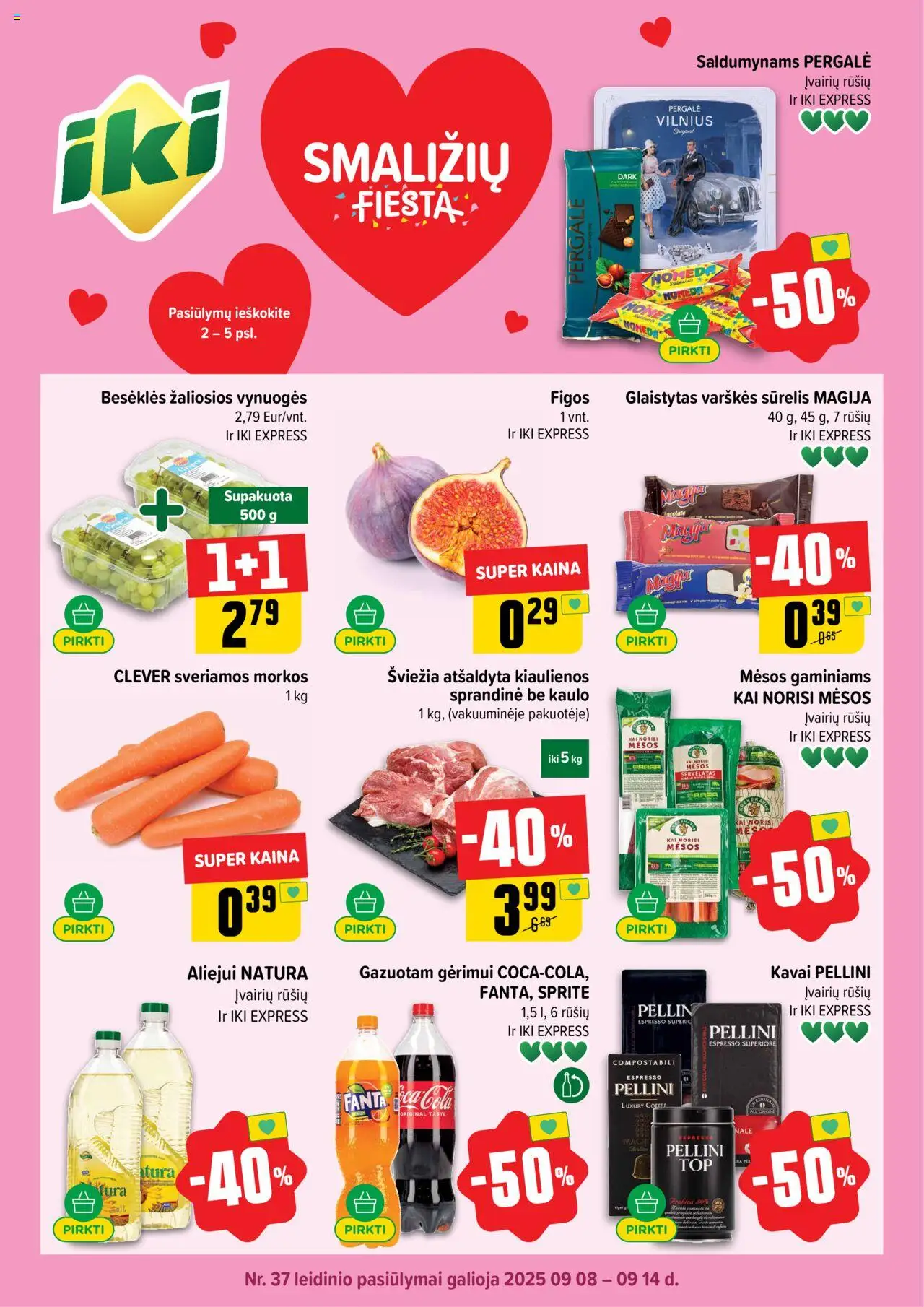 IKI leidinys galioja nuo 2025.09.08 – puslapio numeris 1 - Pica, Morkos, Sūrelis, Vynuogės, Kiaulienos