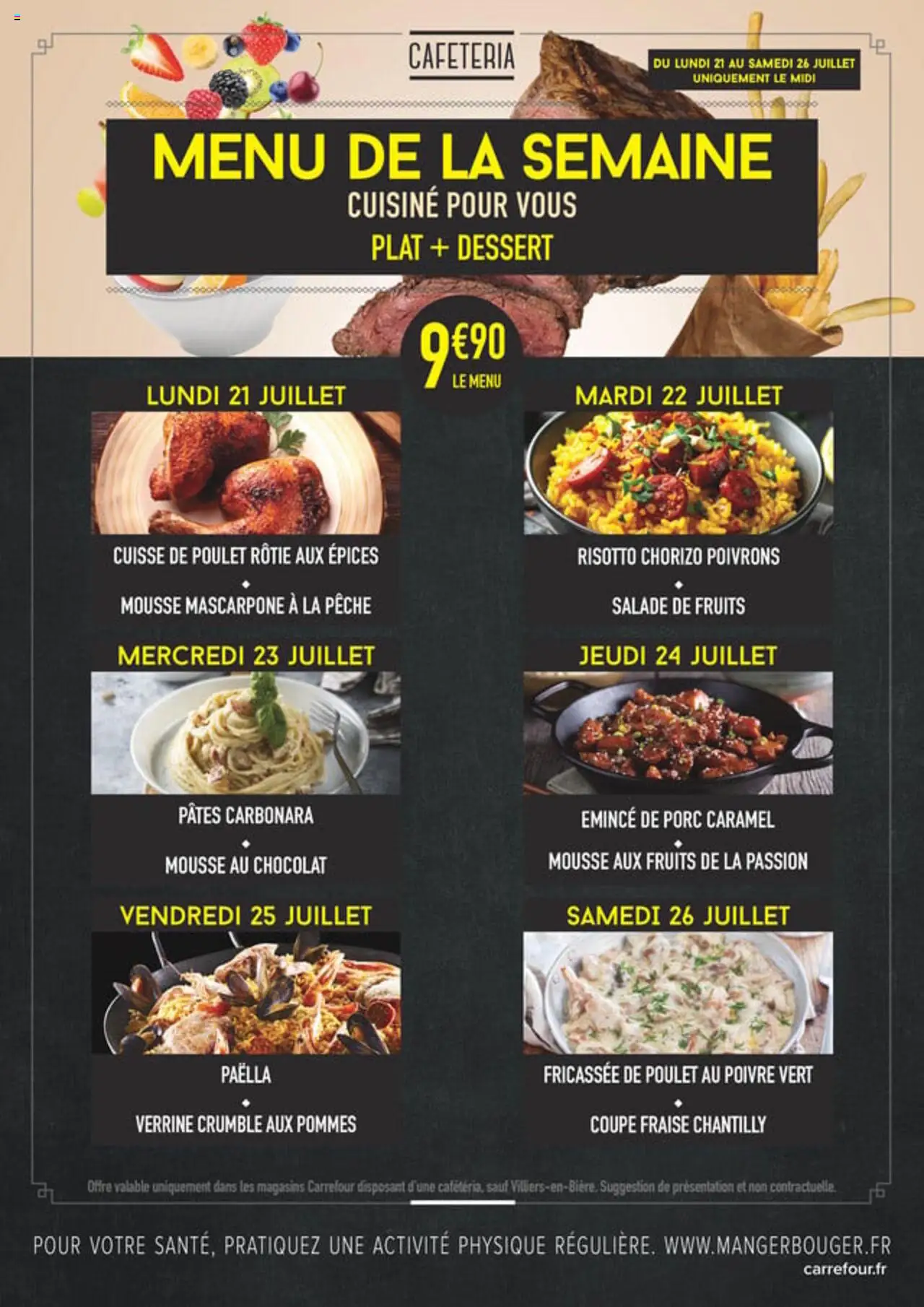 Menus cafétéria du lundi 21 juillet au samedi 26 juillet de la boutique Carrefour valable du 21/07/2025 - Page numéro 1