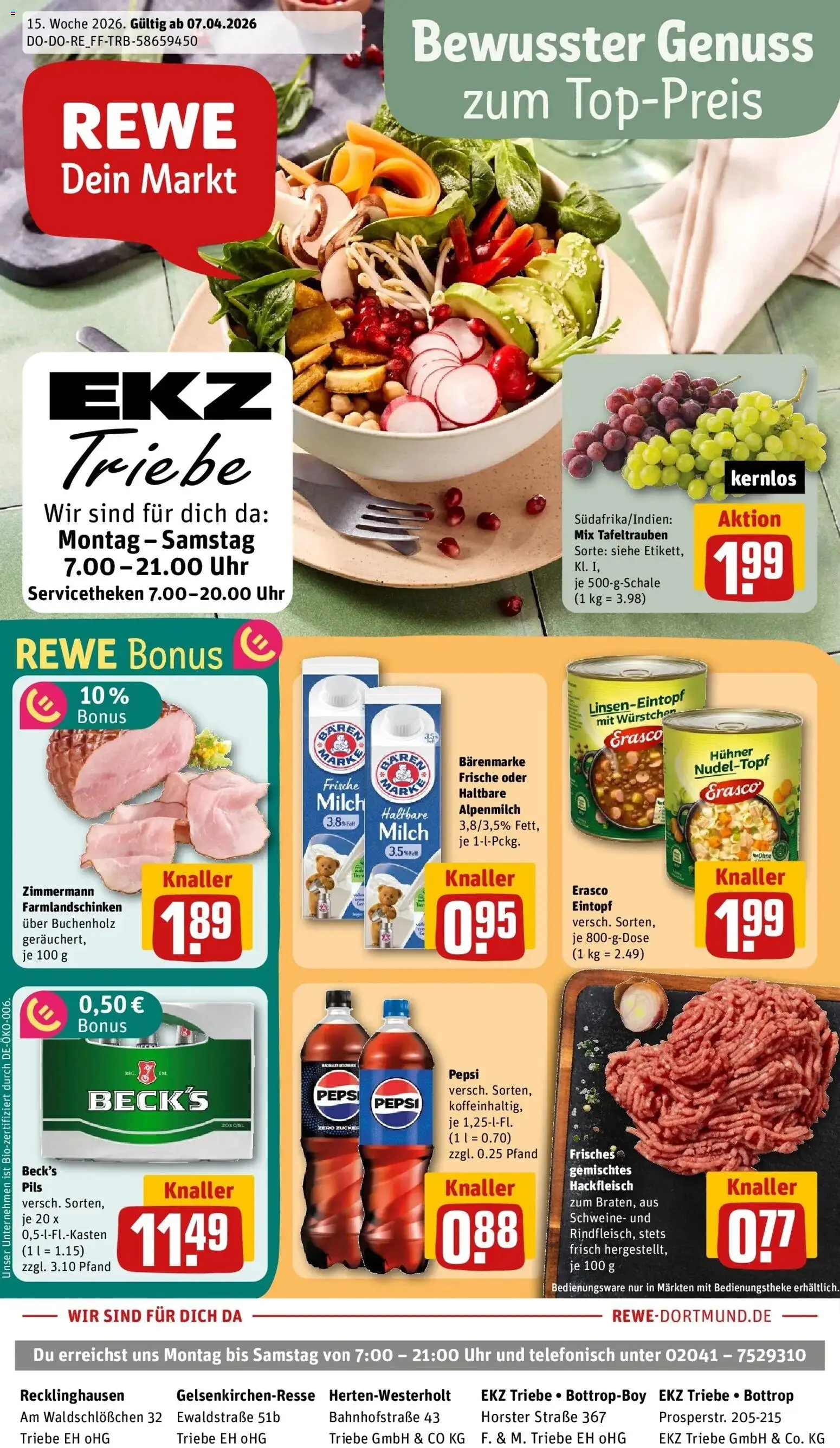 Vorschau von dem Prospekt des Geschäftes Rewe, gültig ab dem 05.04.2026 - Uhr, Milch, Hackfleisch, Zucker, Pepsi, Pils, Erasco