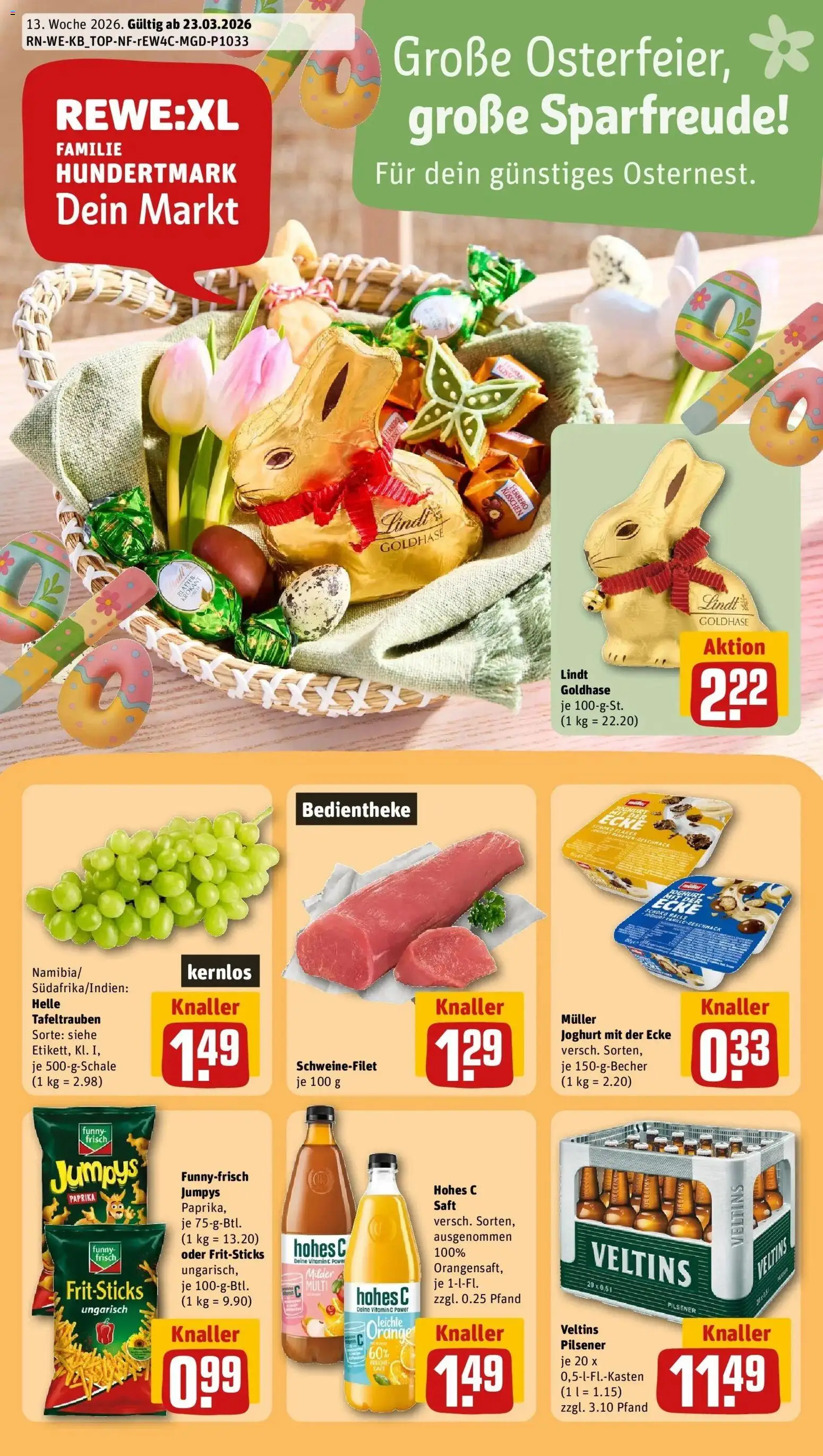 Vorschau von dem Prospekt des Geschäftes Rewe, gültig ab dem 23.03.2026 - Chips, Lindt, Joghurt, Paprika, Schweinefilet, Veltins, Vanille, Saft