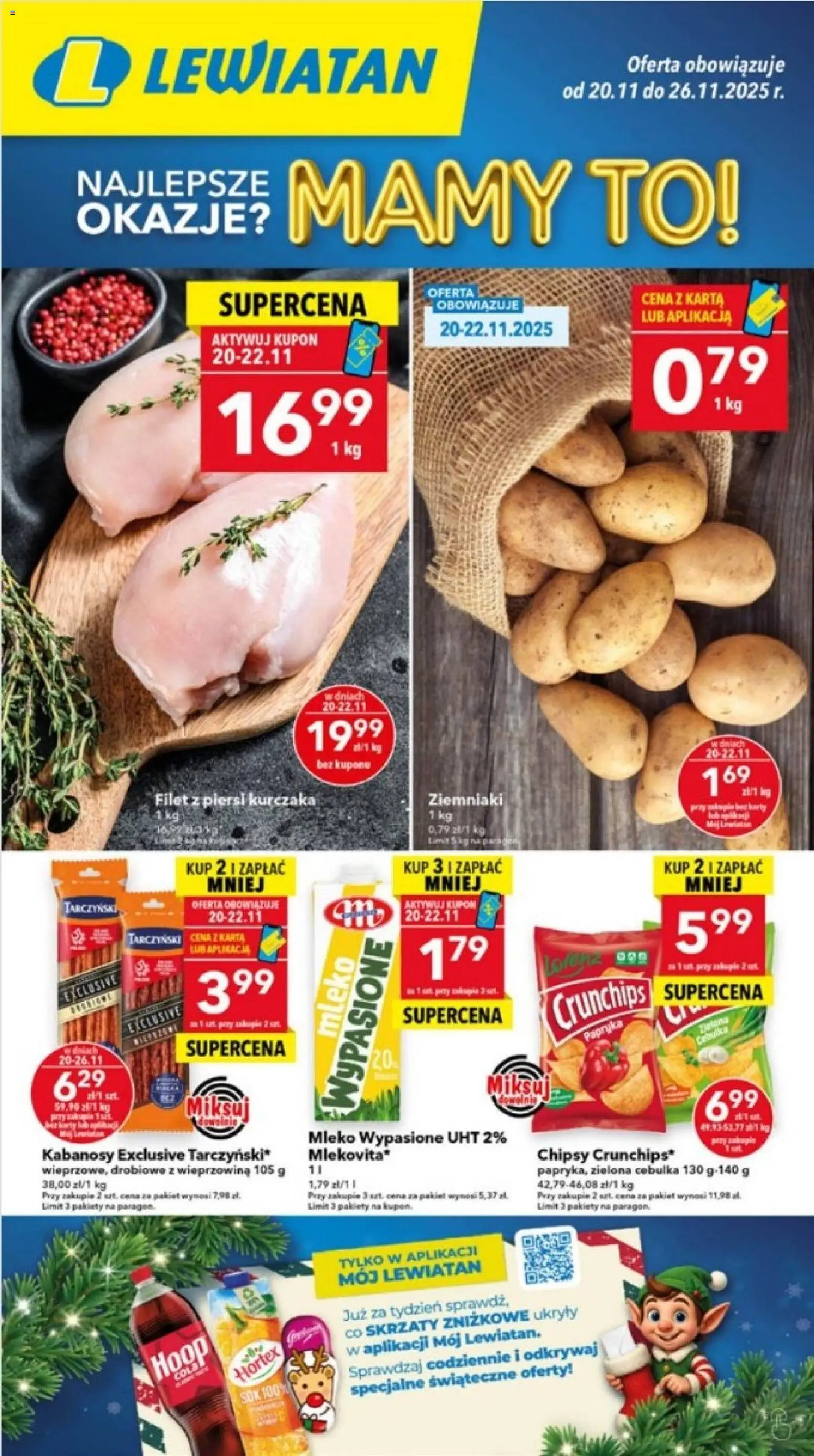 Pogląd gazetki "Szczecin" ze sklepu Lewiatan ważnej od 20.11.2025 - Mleko, Ziemniaki, Chipsy, Papryka, Karta, Kabanosy, Filet, Mleko wypasione