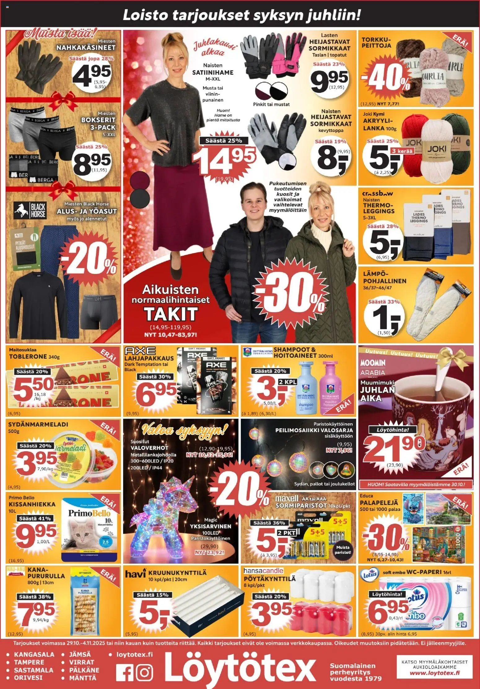Kaupan Löytötex Tarjoukset esikatselu, voimassa 29/10/2025 - Kana, Hame, Shampoo, Lotus, Kissanhiekka, Alushousut, Bokserit, Paristot