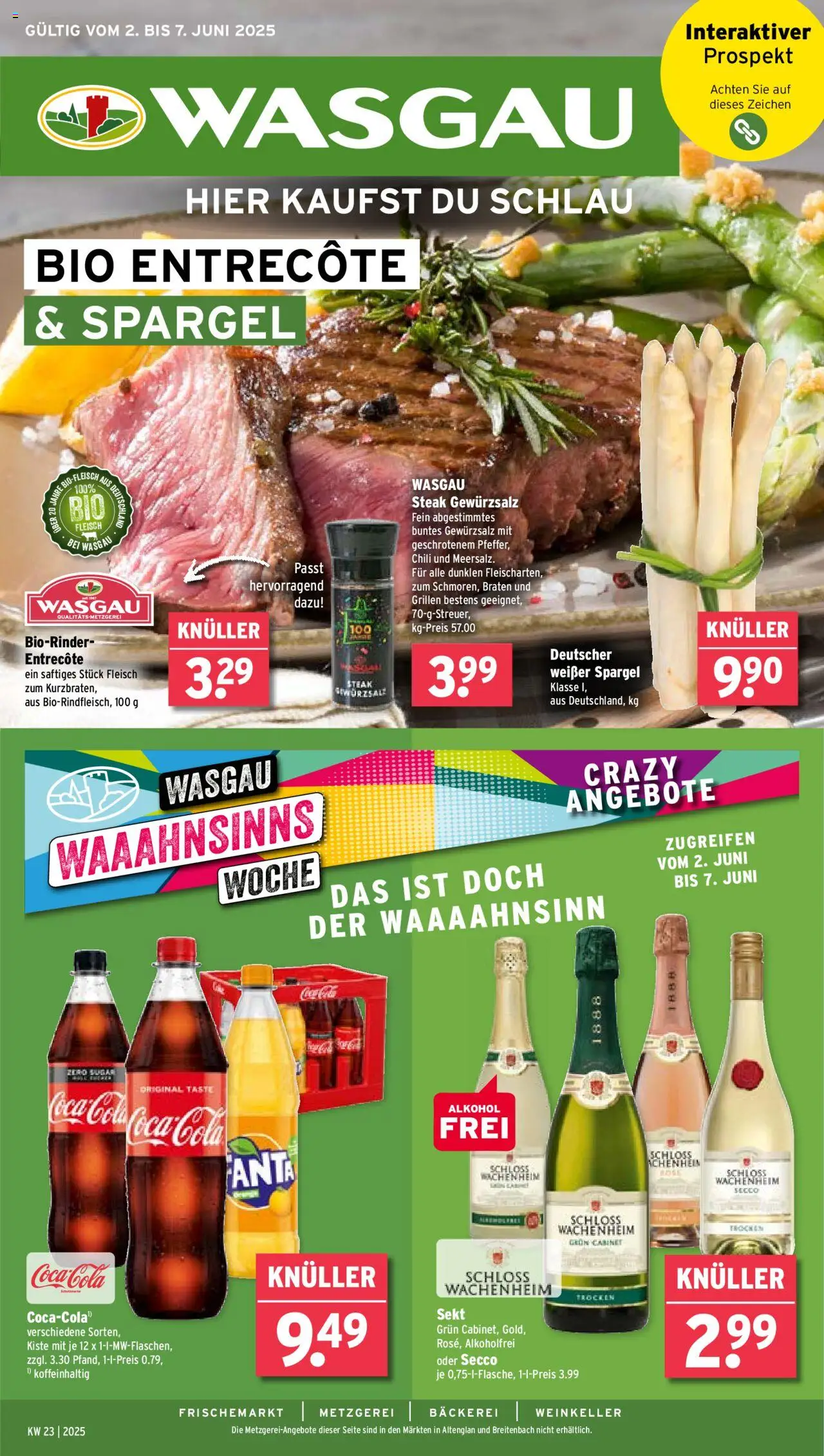 Wasgau Prospekt (vom 02.06.2025 - 07.06.2025) - Bäckerei, Steak, Entrecote, Spargel, Alkohol, Fleisch, Chili, Gewürzsalz