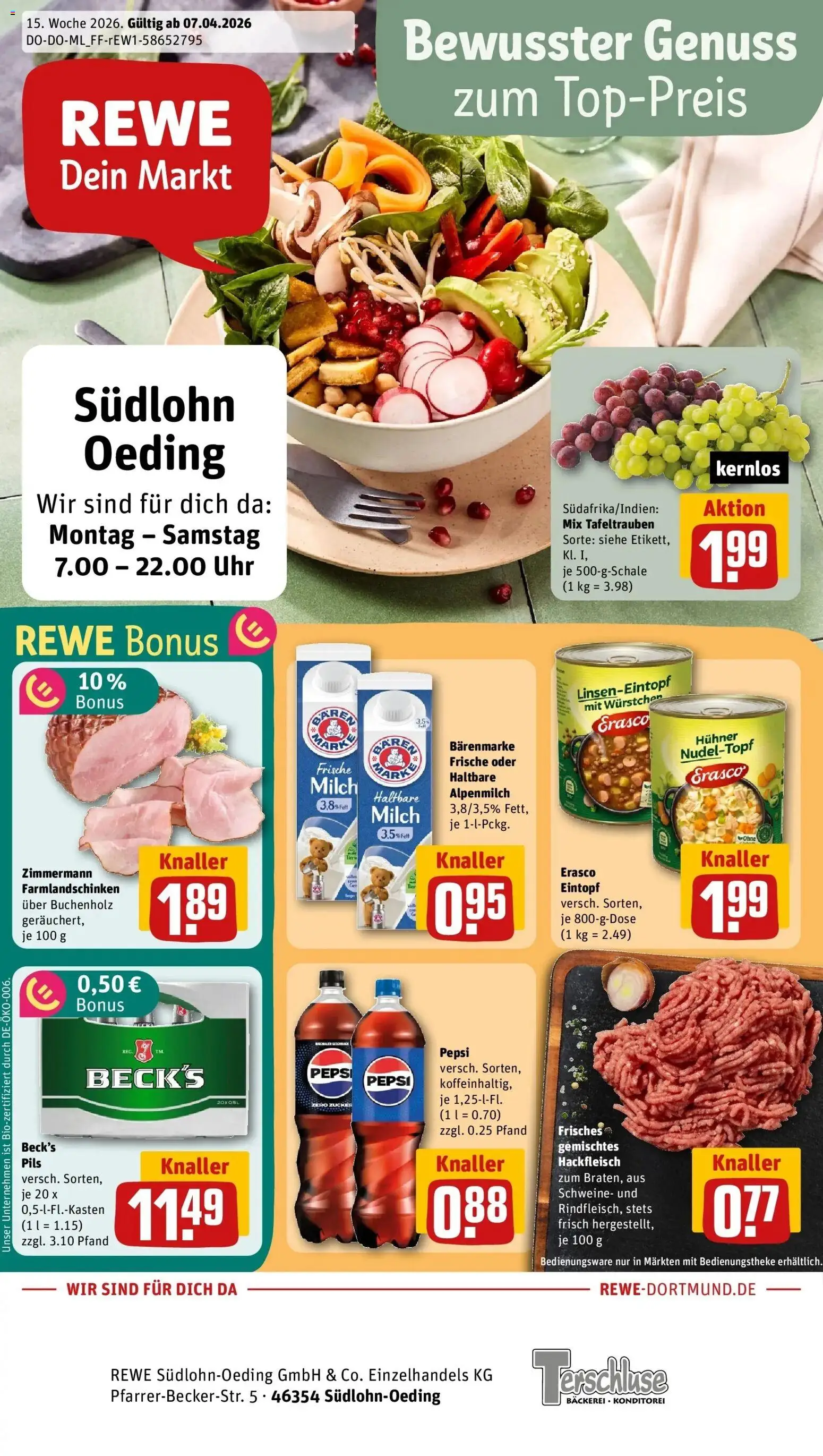 Vorschau von dem Prospekt des Geschäftes Rewe, gültig ab dem 05.04.2026 - Bäckerei, Uhr, Milch, Hackfleisch, Zucker, Pepsi, Pils, Erasco