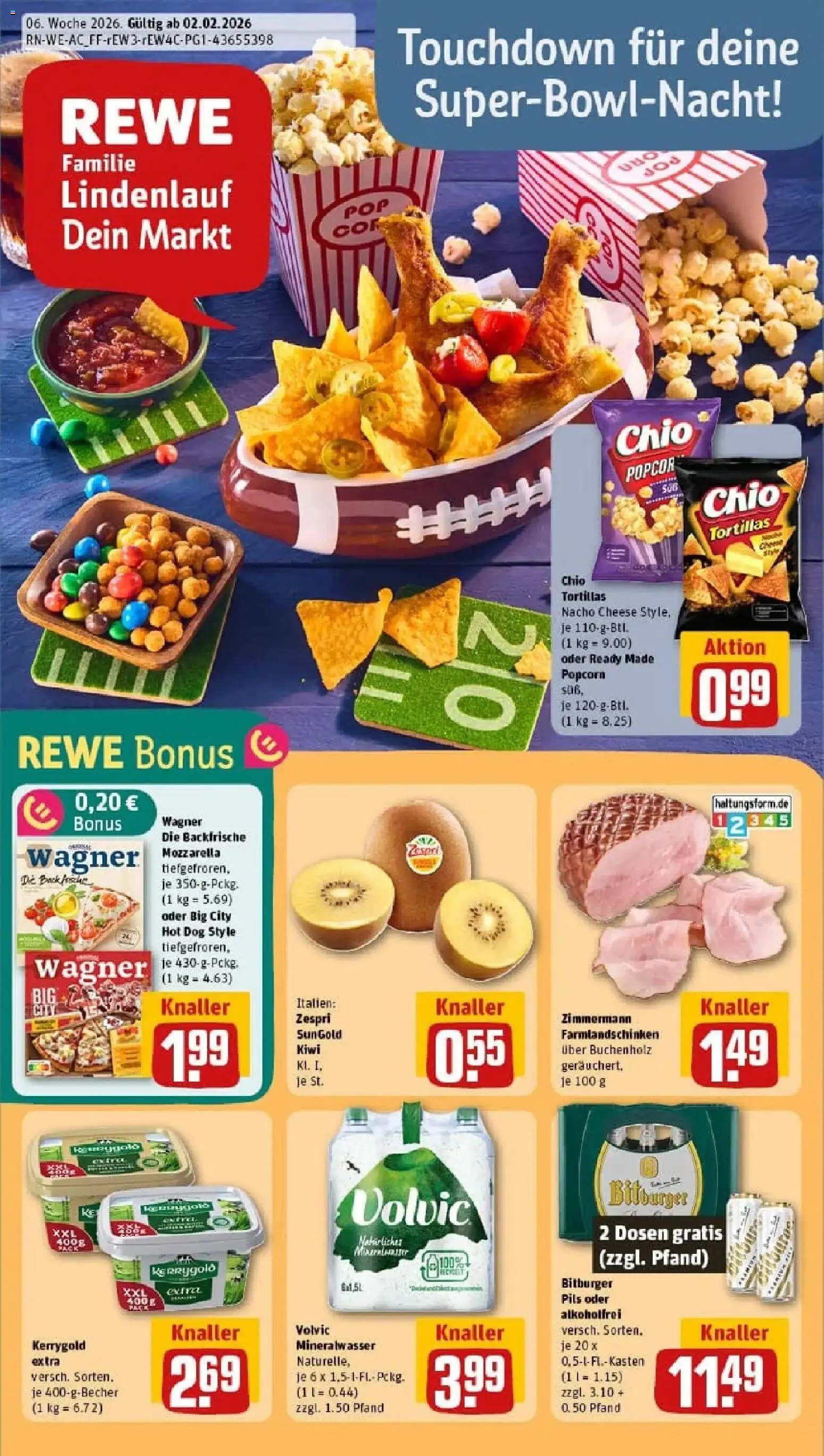 Vorschau von dem Prospekt des Geschäftes Rewe, gültig ab dem 02.02.2026 - Butter, Kiwi, Tortillas, Mozzarella, Popcorn, Bitburger, Pils, Chio tortillas