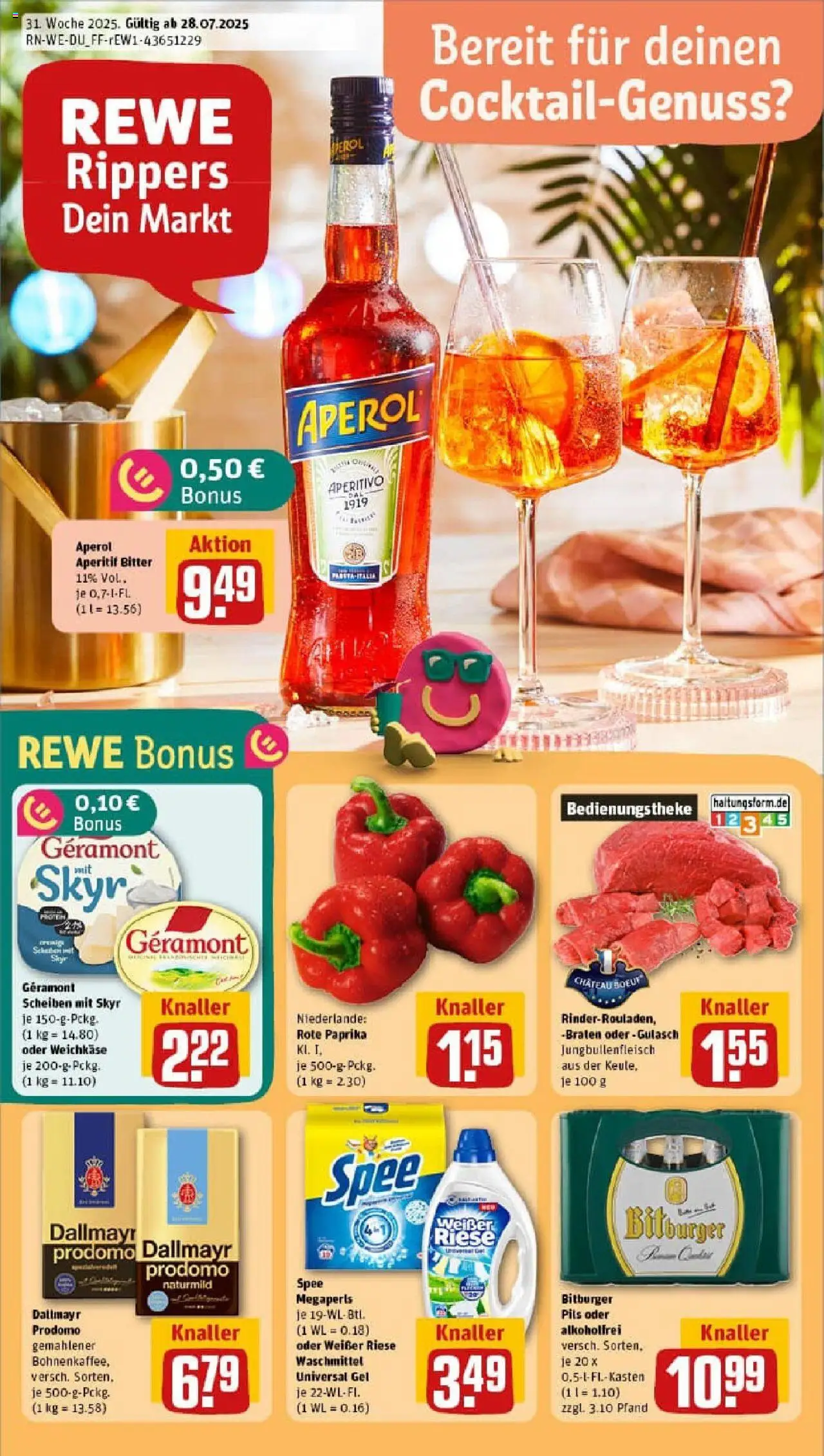 REWE Prospekt ab 27.07.2025 nächste Woche - Prospekt Krefeld - Aperol, Spee, Skyr, Dallmayr, Waschmittel, Bitburger, Dallmayr prodomo, Rote Paprika