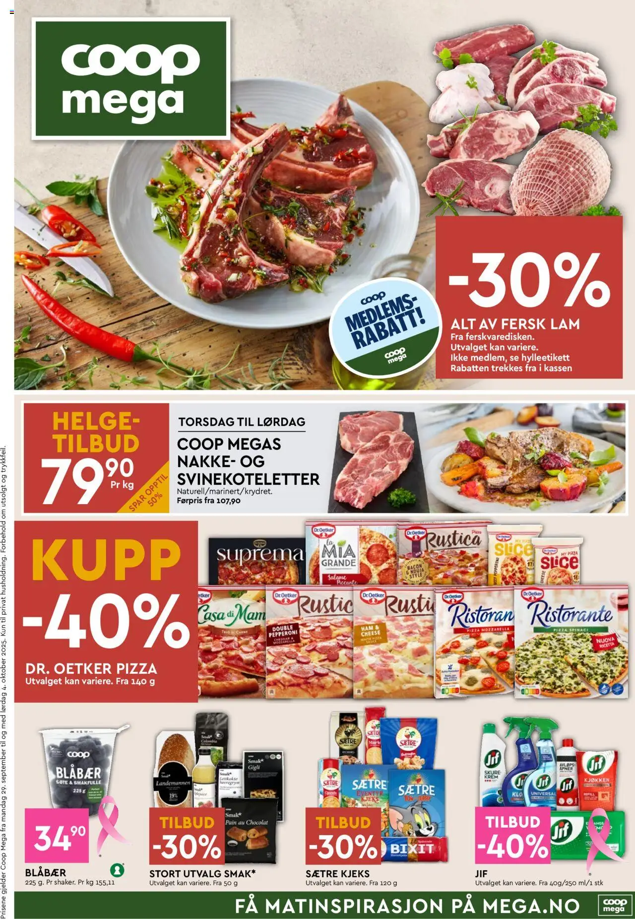 Kundeavis Coop Mega gyldig fra 29/09/2025 - Sidenummer 1 - Pizza, Krem, Blåbær, Kjeks, Mozzarella, Cheddar, Svinekoteletter