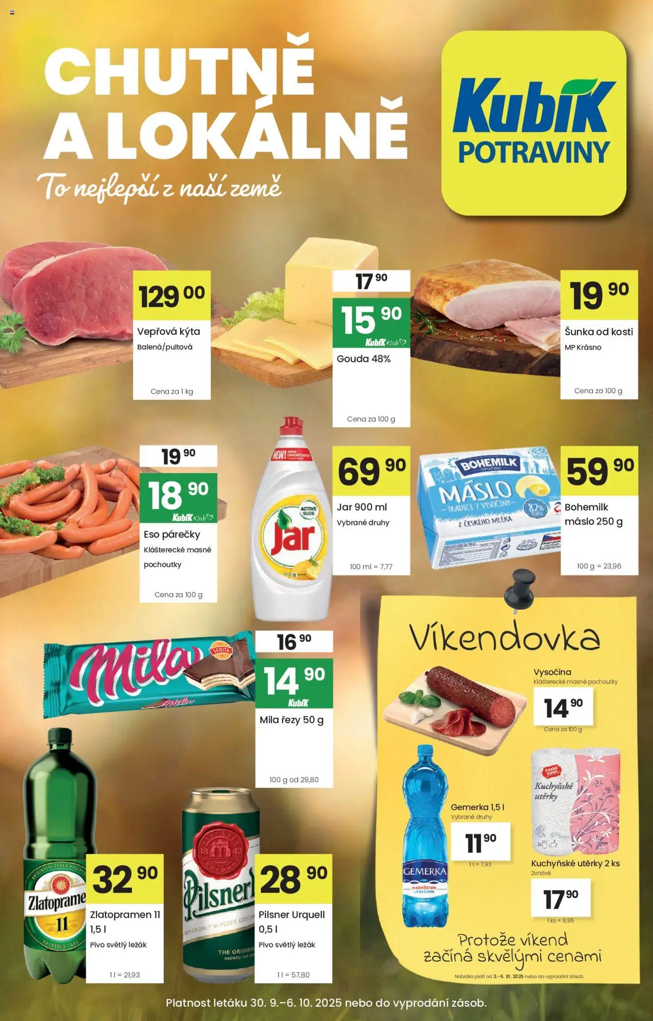  Kubík Leták (30.09.2025 - 06.10.2025) - Pivo, Pilsner, Mila, Gouda, Gemerka, Zlatopramen, Jar 900 ml, Máslo 250 g