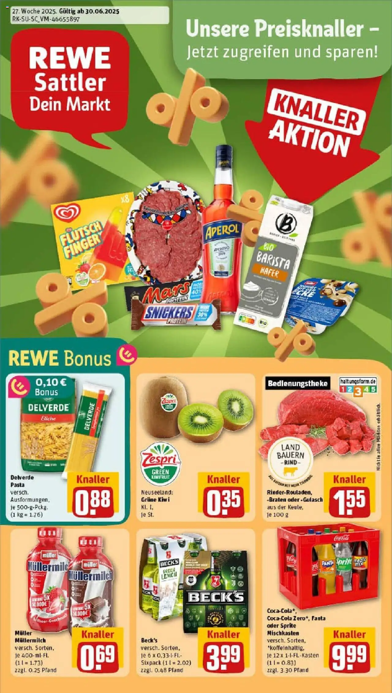 REWE Prospekt ab 29.06.2025 nächste Woche - Prospekt Kirchseeon - Aperol, Kiwi, Mars, Snickers, Fanta, Müllermilch, Sprite, Muller mullermilch